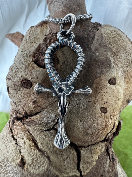 Silver Goat Skull Ankh Stainless Steel Pendant