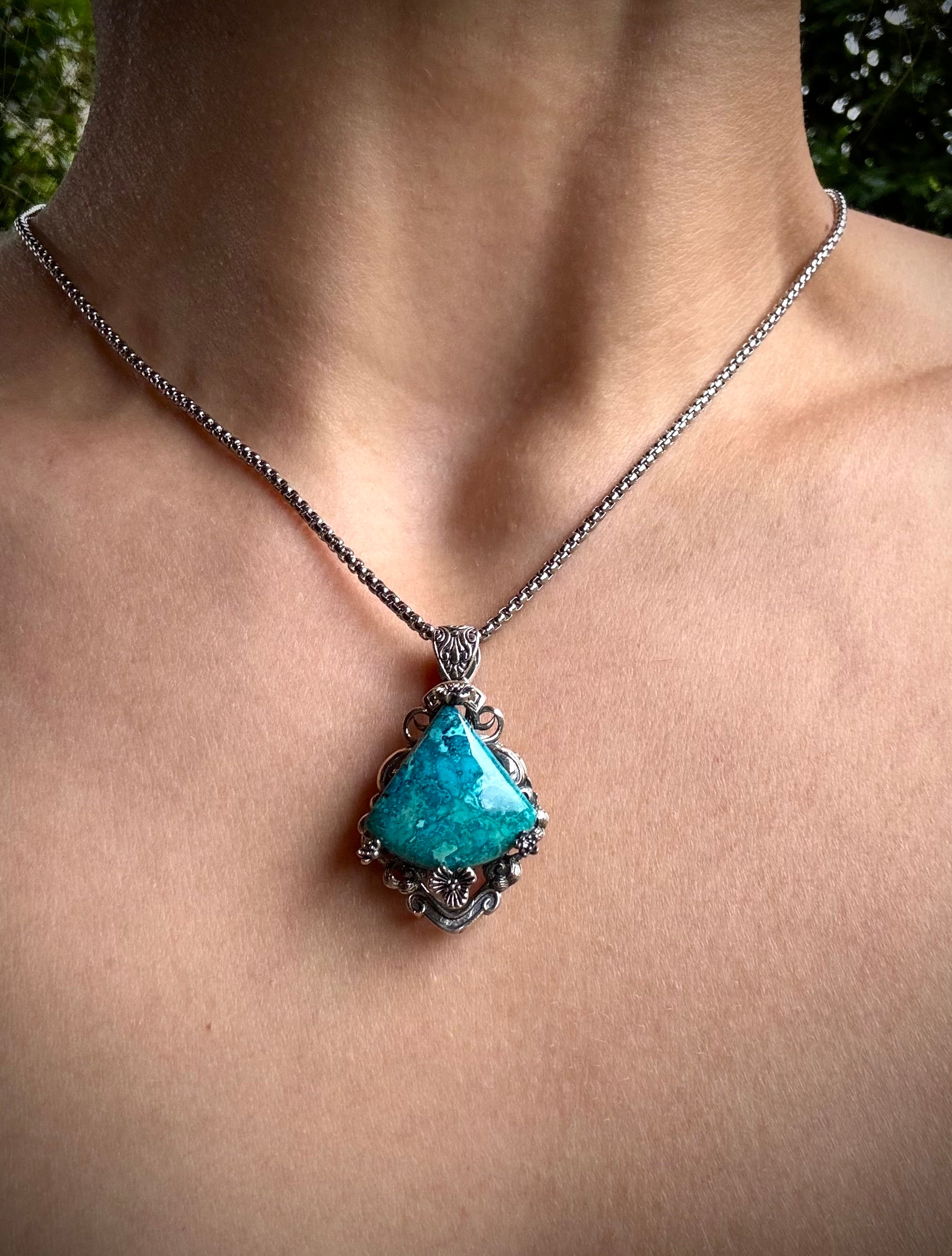 S925 Chrysocolla Floral Pendants