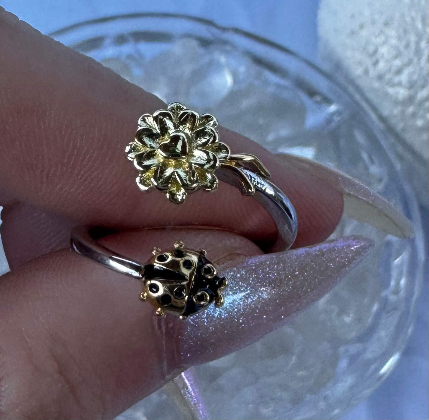 Silver lady bug Flower Fidget ring