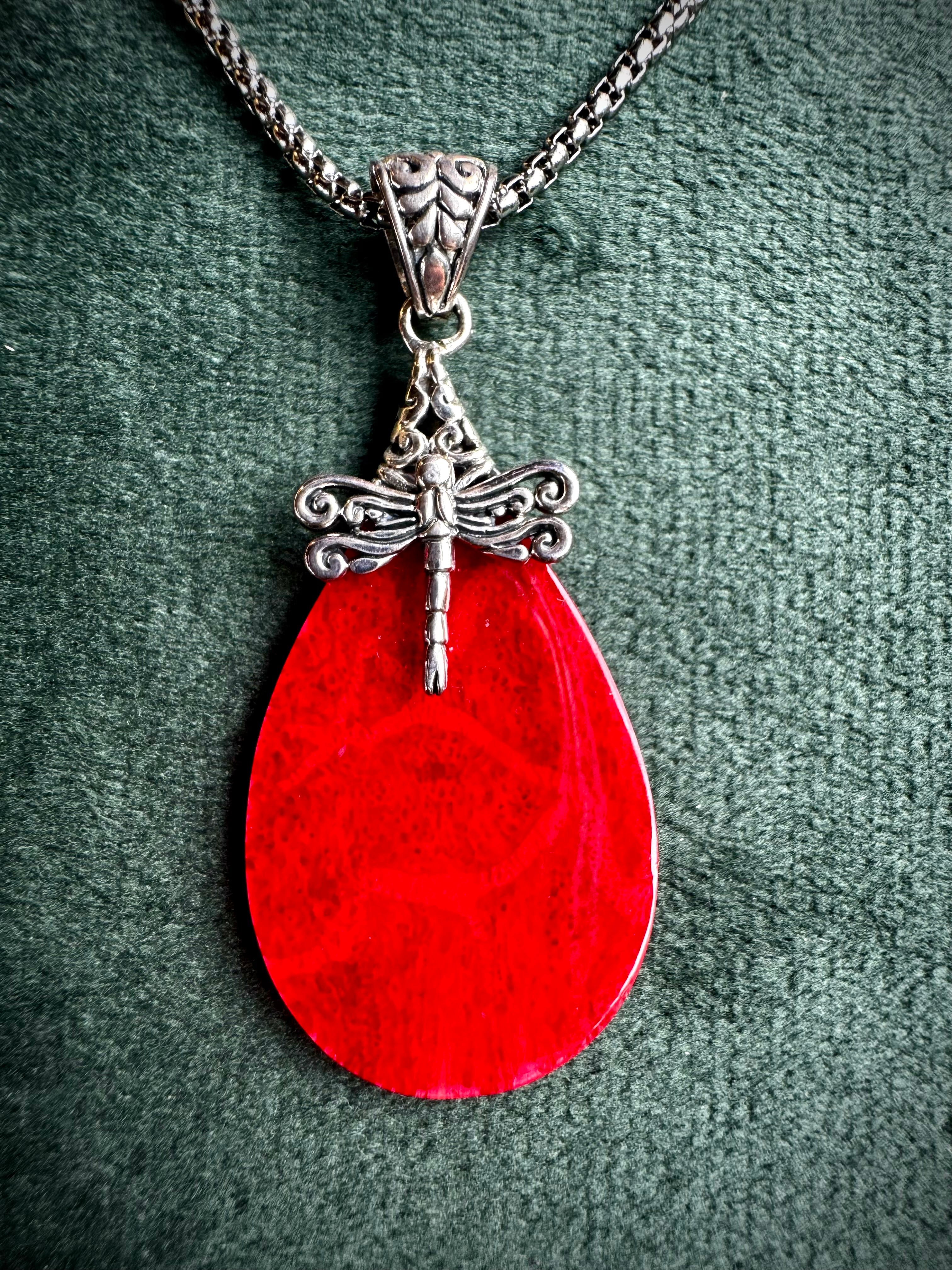 S925 Red Coral with Dragonfly Pendant