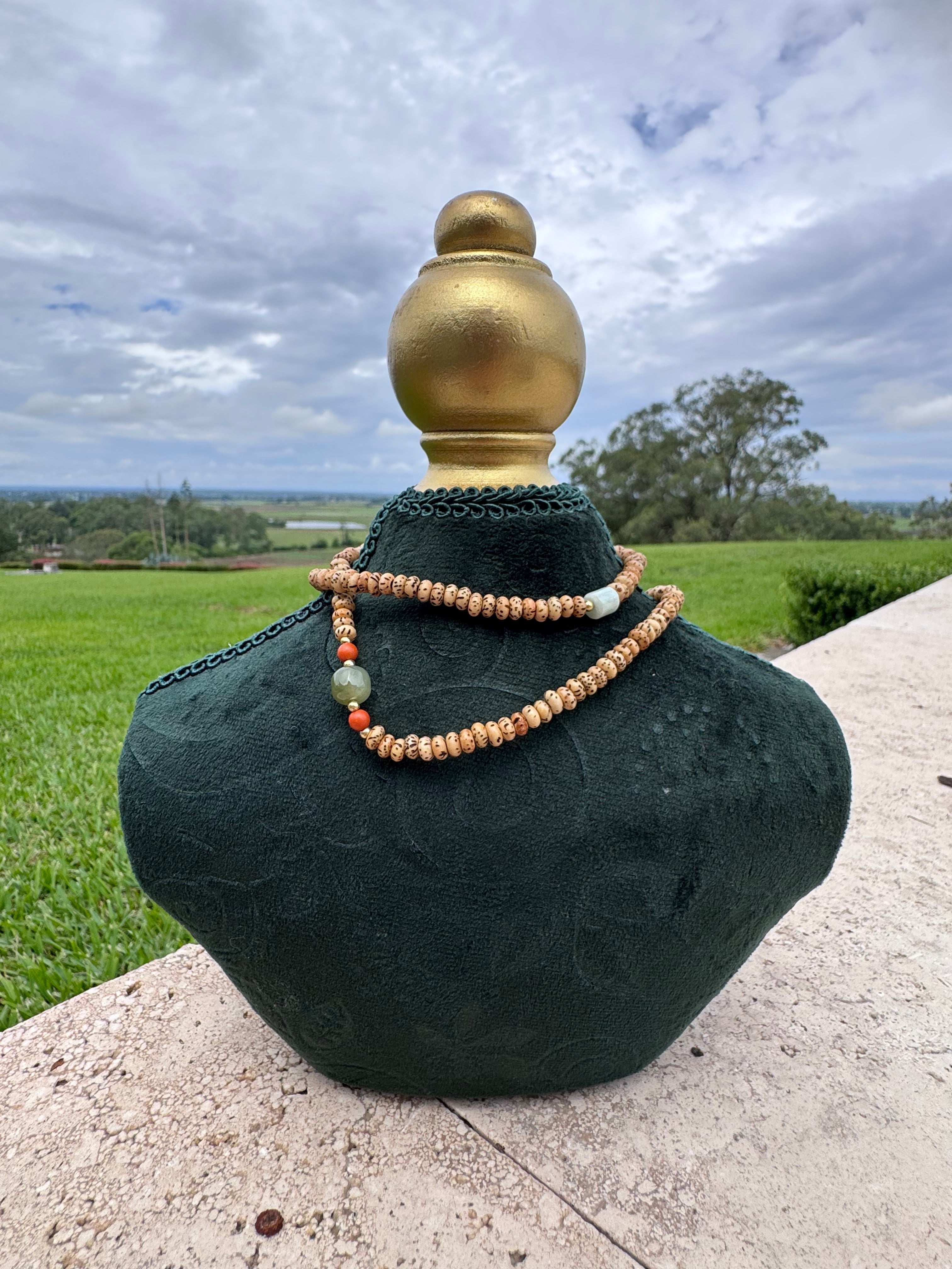 Hand made Star and Moon Bodhi Seeds With Red wood pendant necklace