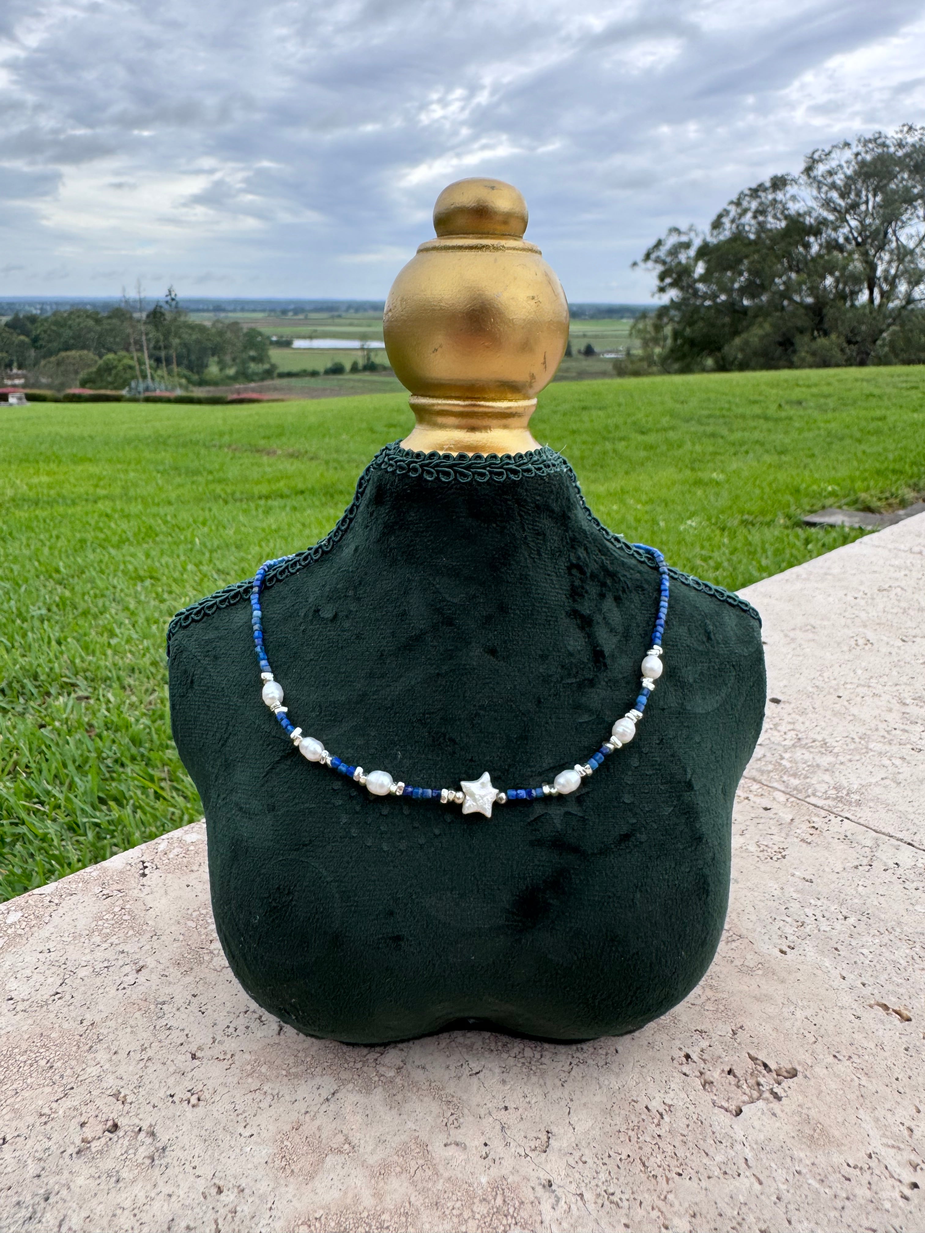 Lapis and pearl star choker