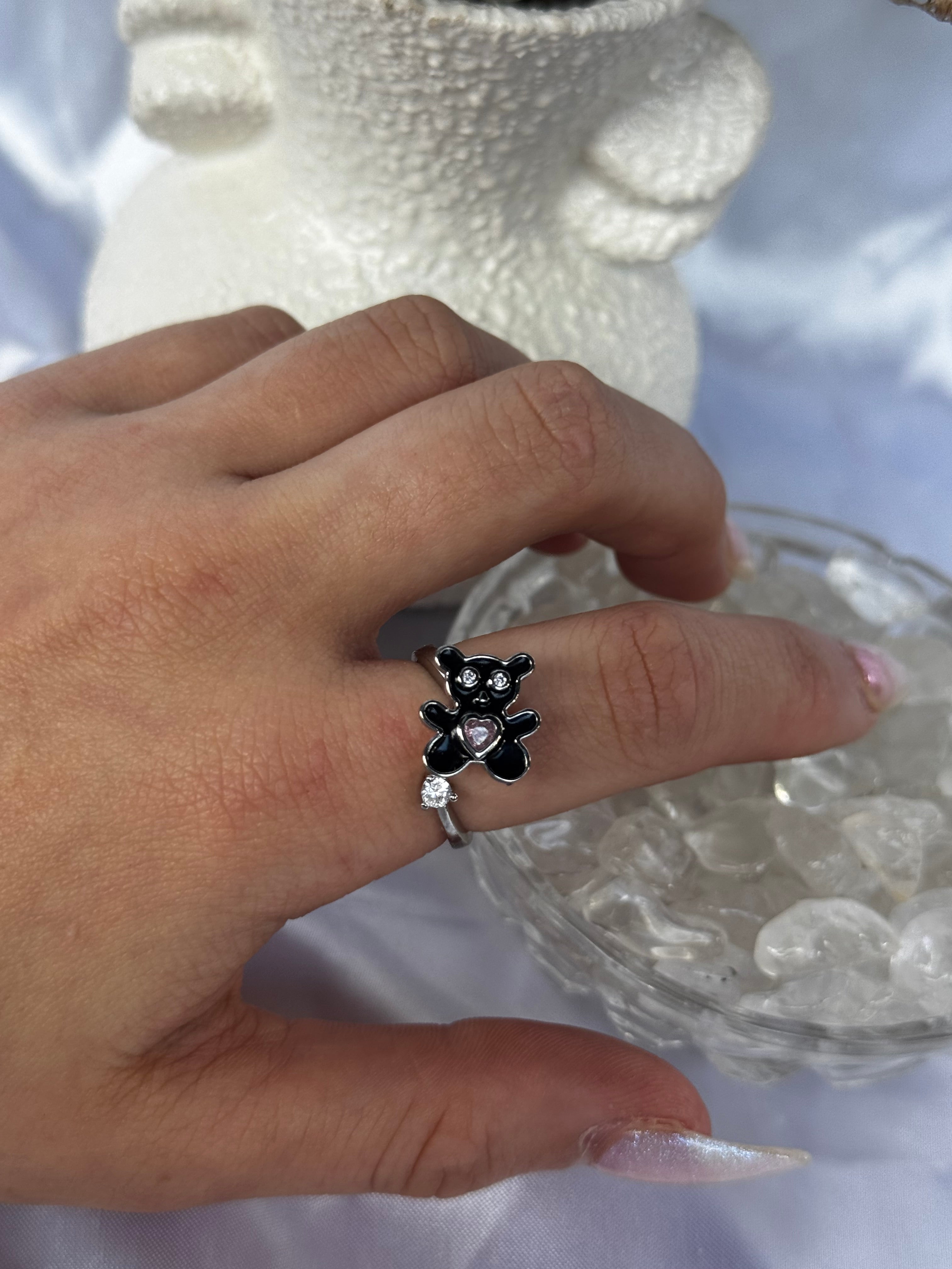 Black Bear pink heart Fidget Ring