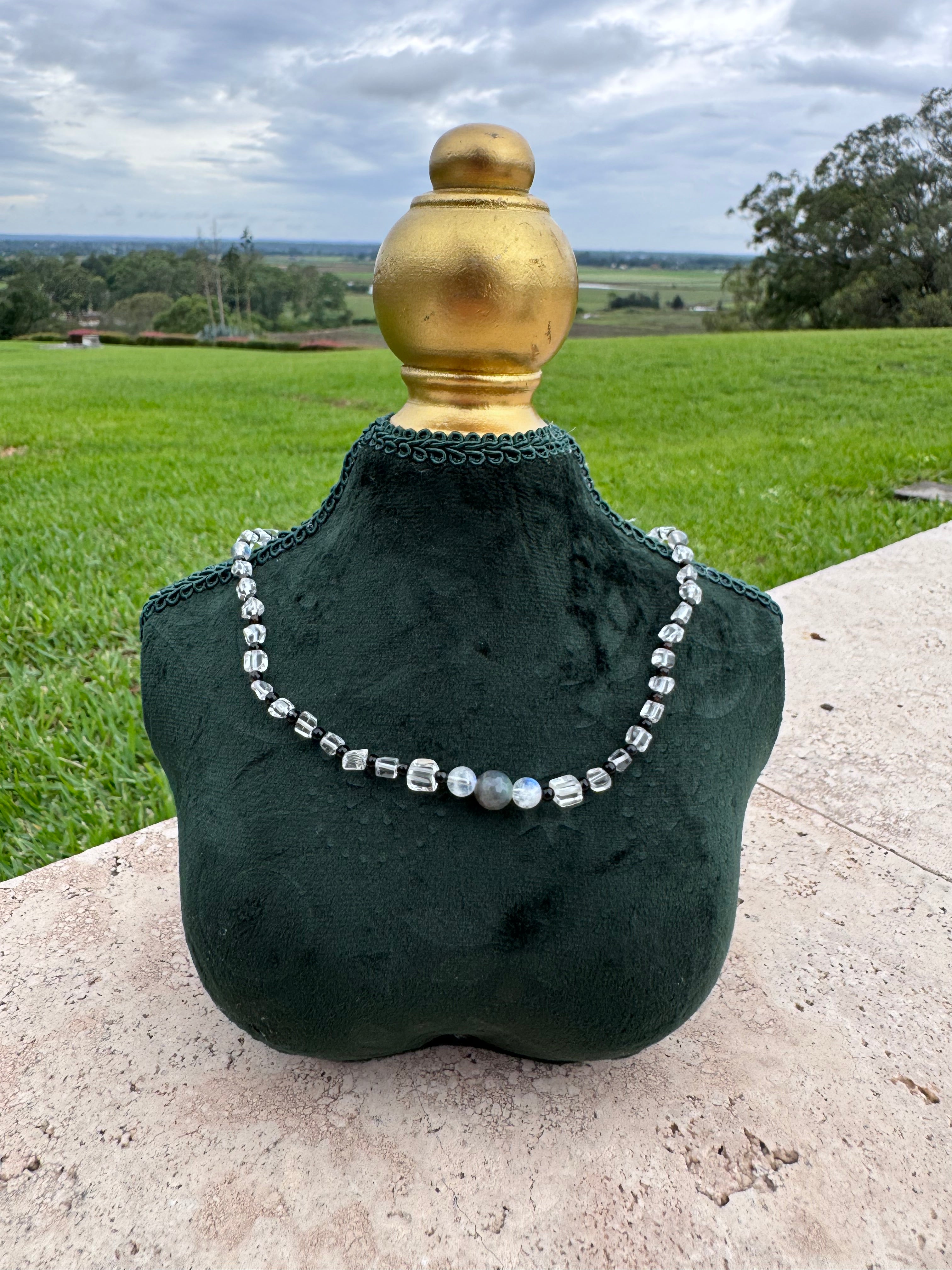 Clear Quartz, Black Agate, Moonstone & Labradorite Necklace