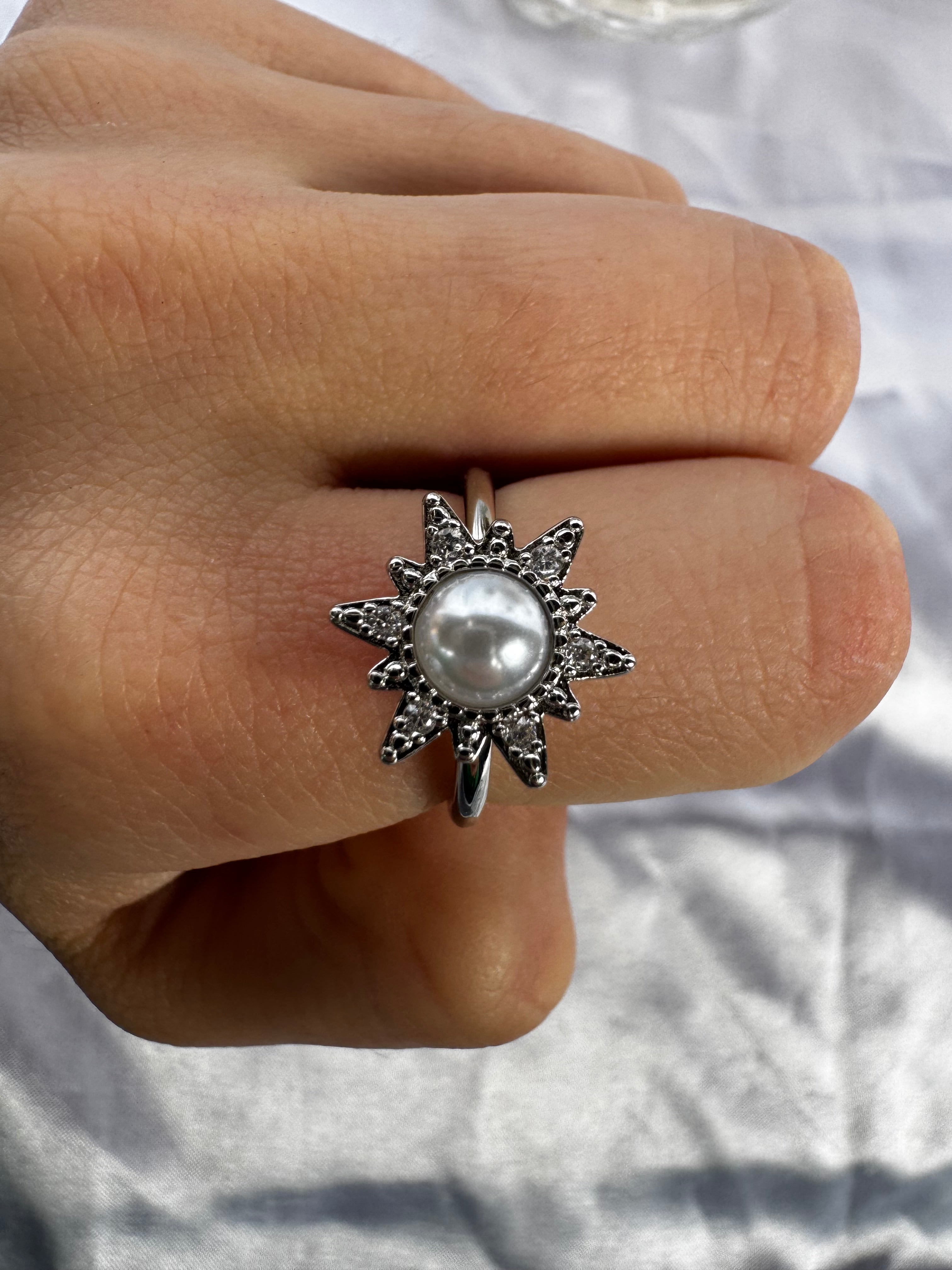Pearl/Silver Snowflake flower Fidget Ring