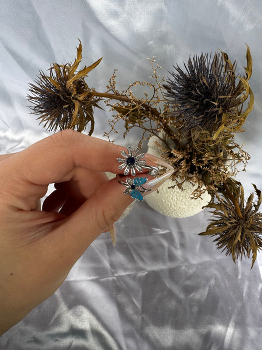 Blue Silver Butterfly Flower Fidget ring