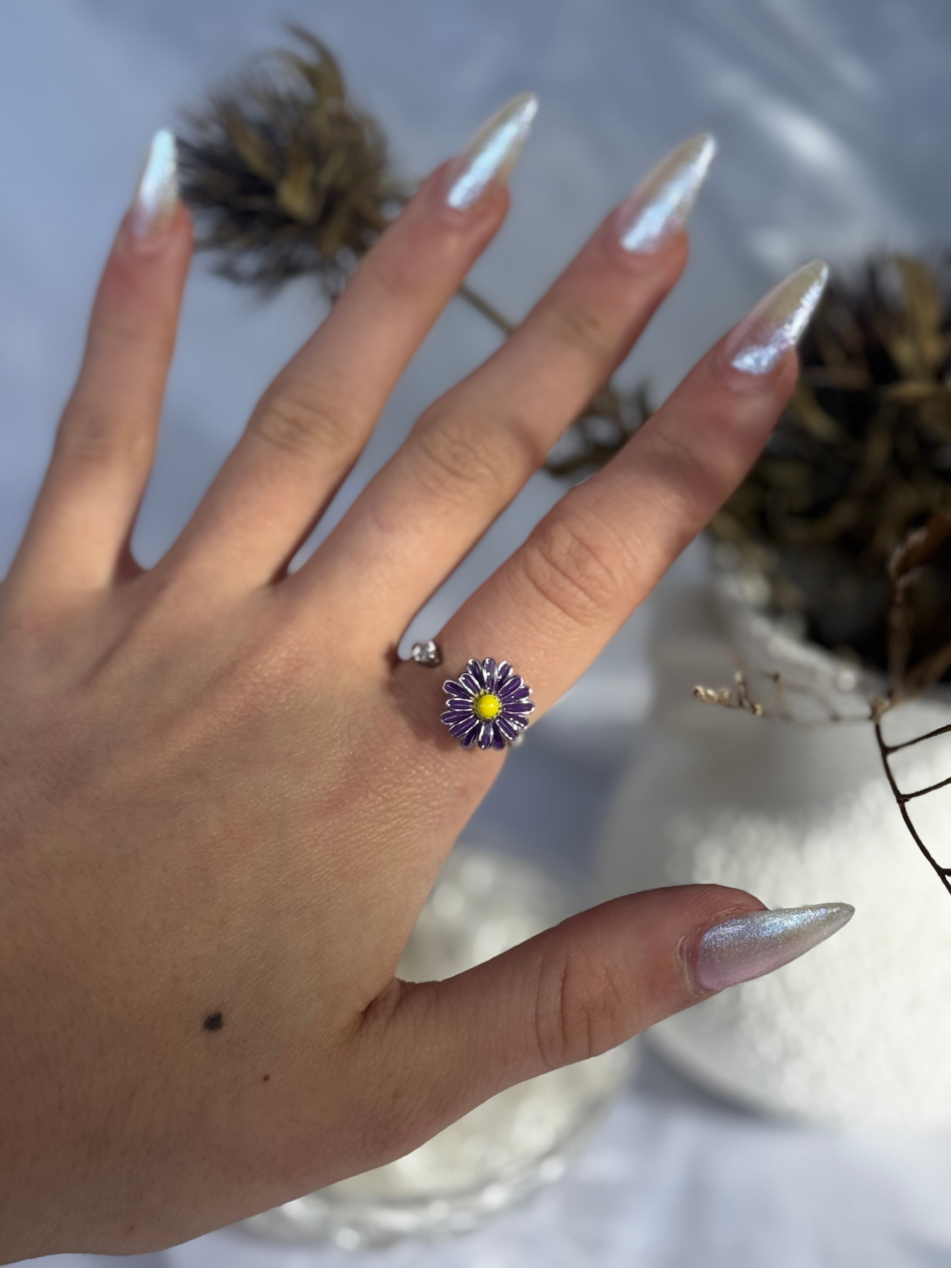 Purple Flower Fidget Ring Silver