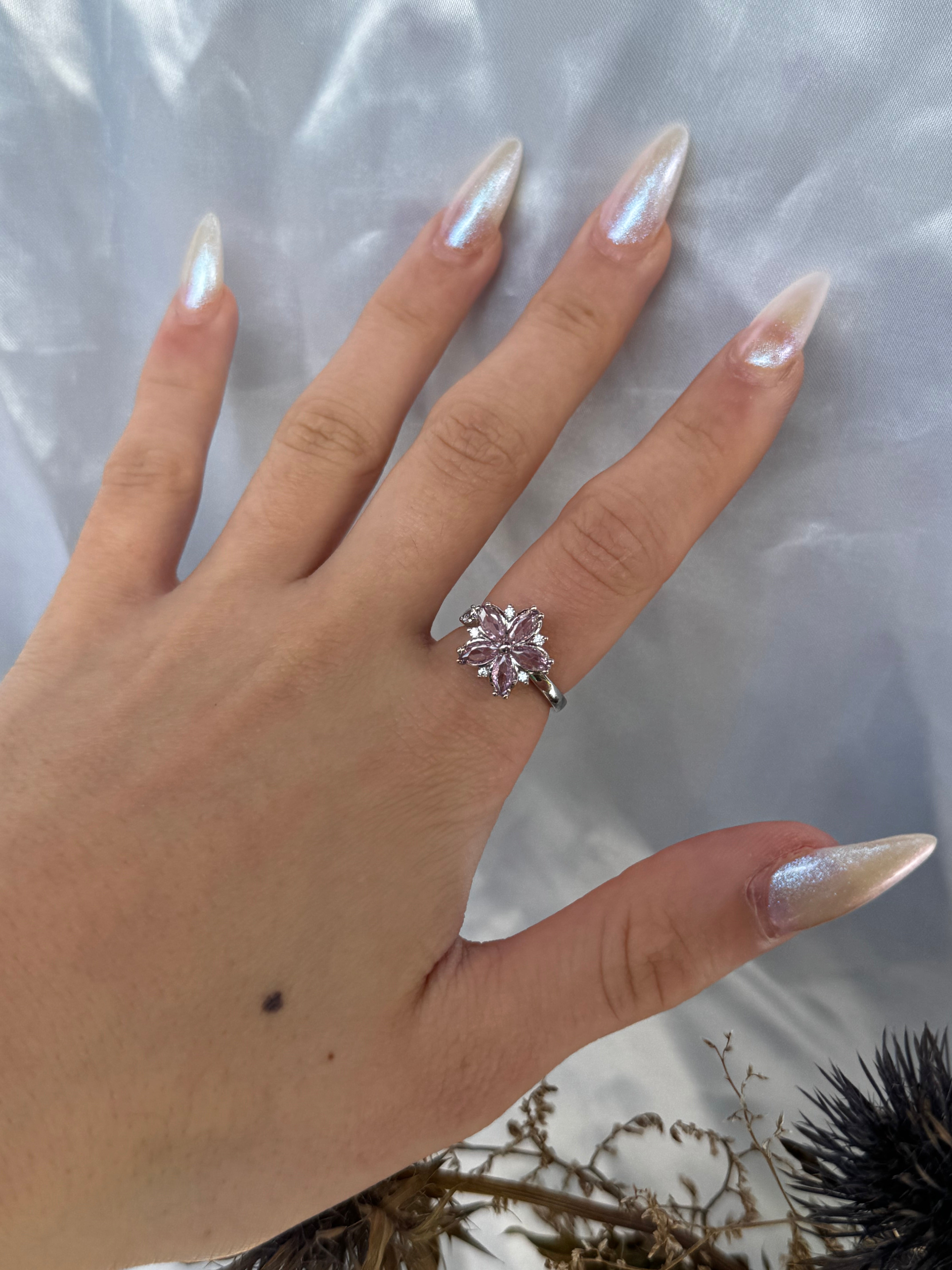 Silver Pink Flower Fidget Ring