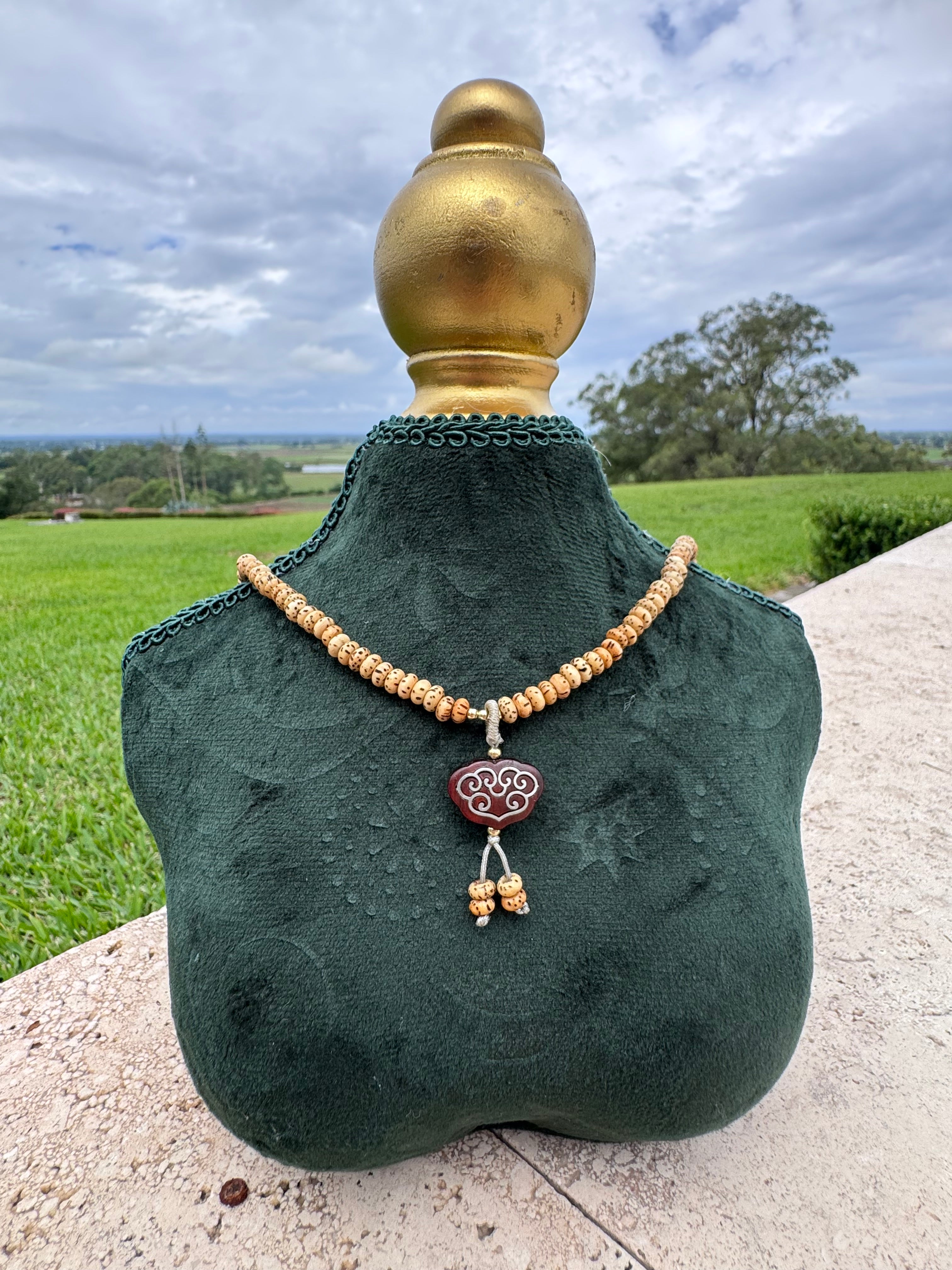 Hand made Star and Moon Bodhi Seeds With Red wood pendant necklace
