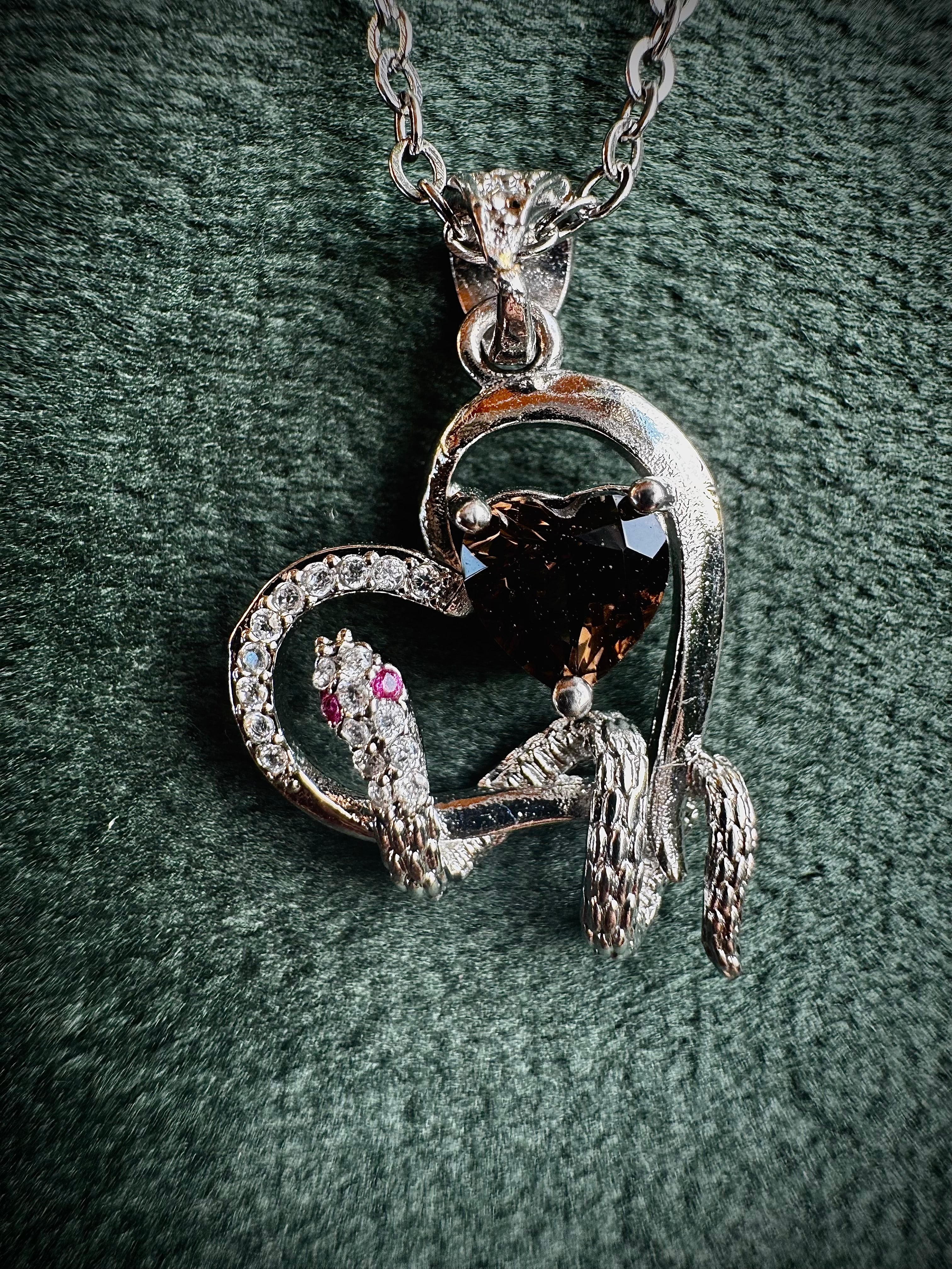 Silver Smokey Quartz Heart Snake