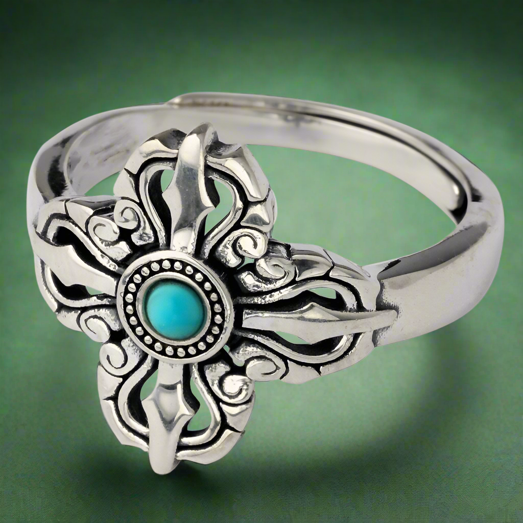Vintage Vajra cross Turquoise silver Ring