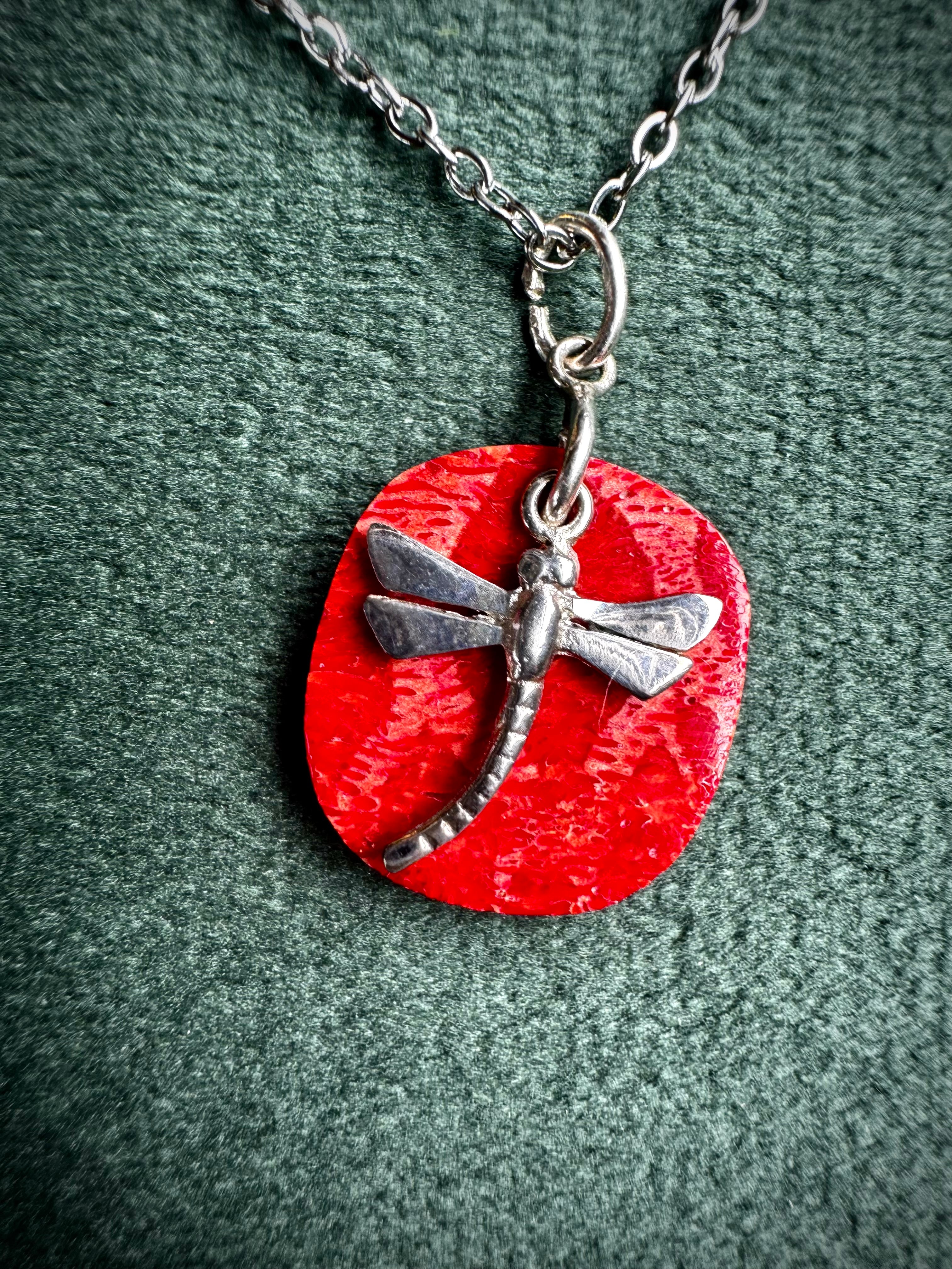 Small S925 Red Coral Dragonfly Pendant