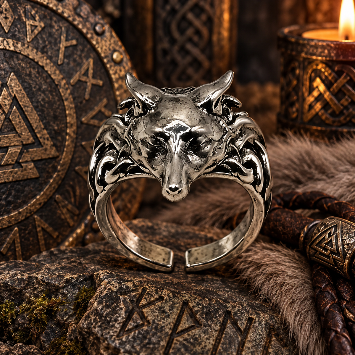 3D Gothic Viking Wolf Head Silver Ring
