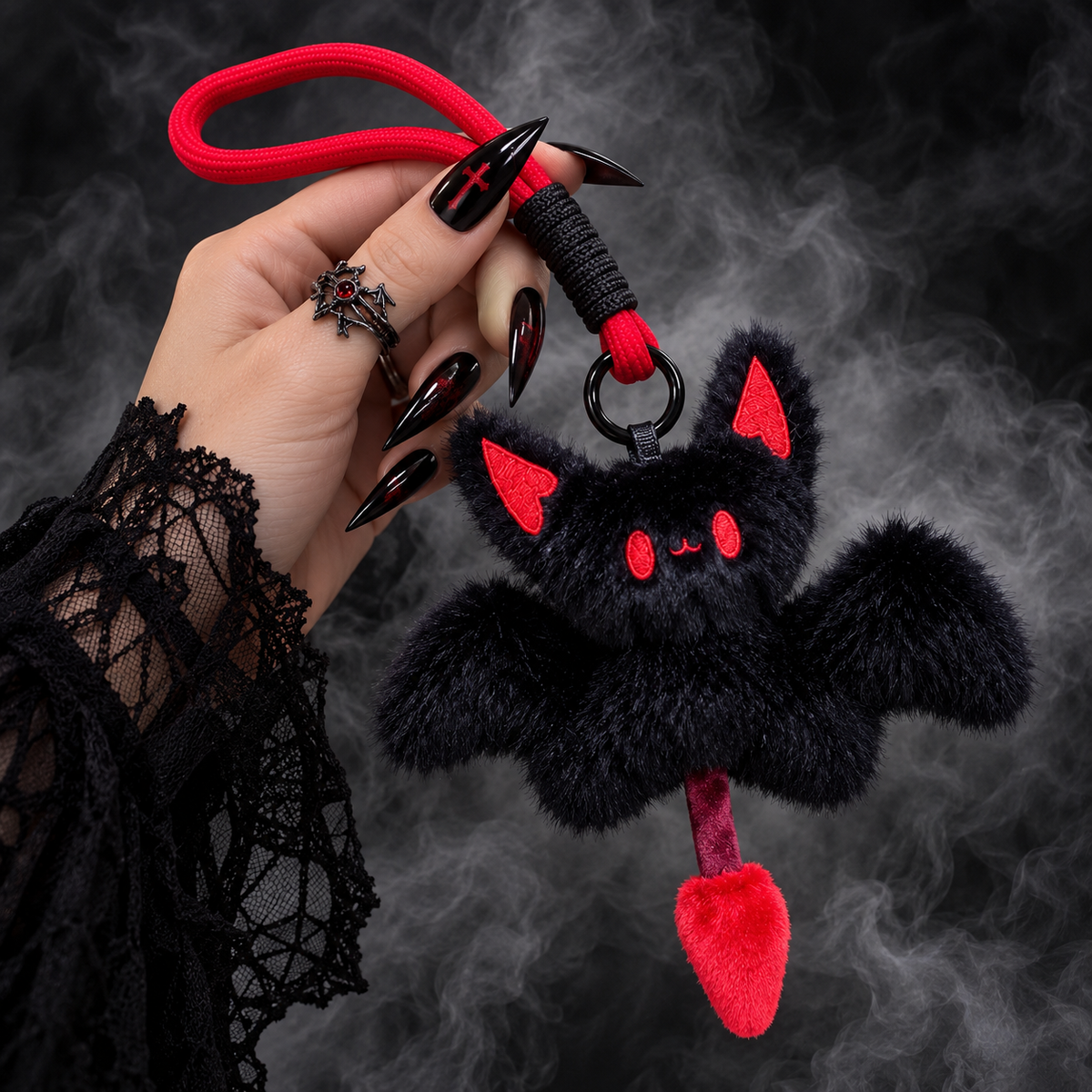 🦇Gothic Bat Plush Keychain – Black & Red