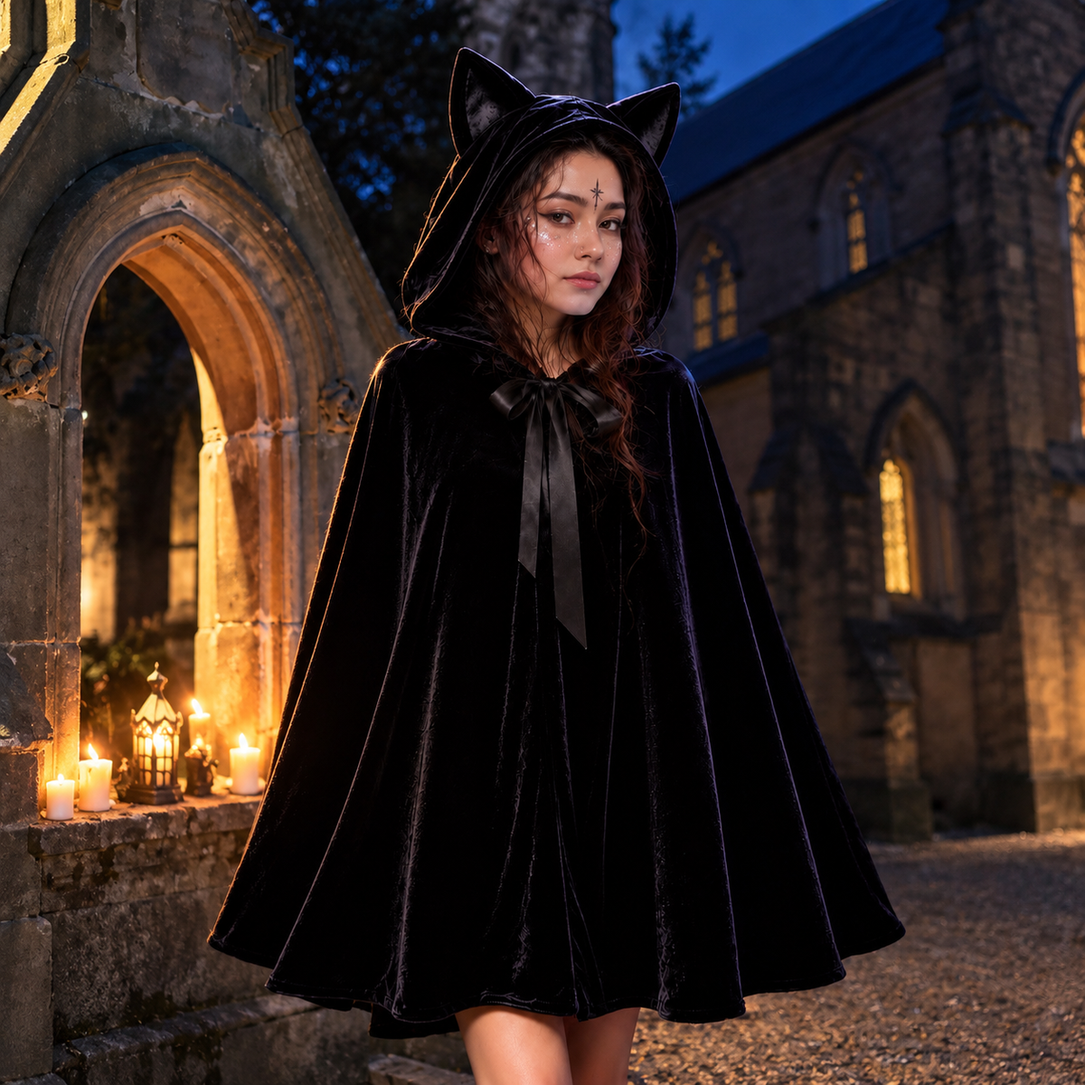 Midnight Cat Velvet Hooded Cape