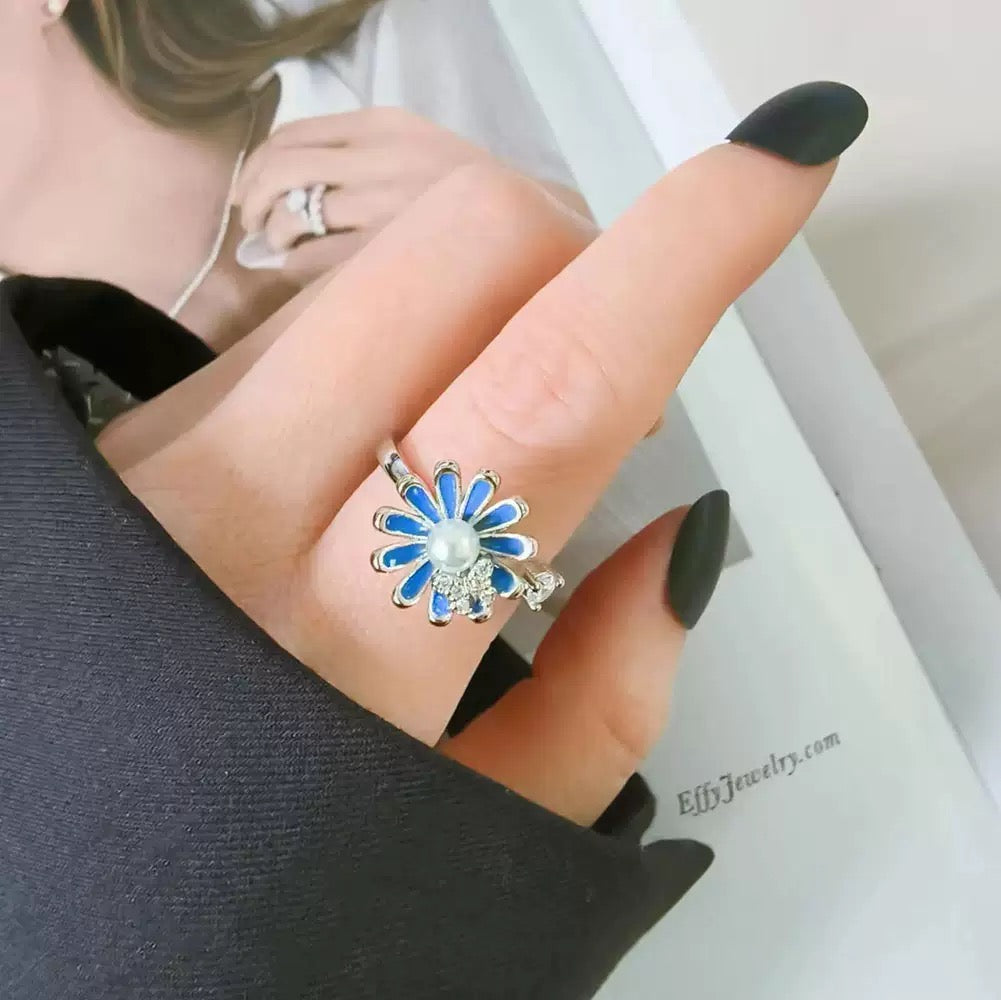Blue Flower Fidget Ring Silver