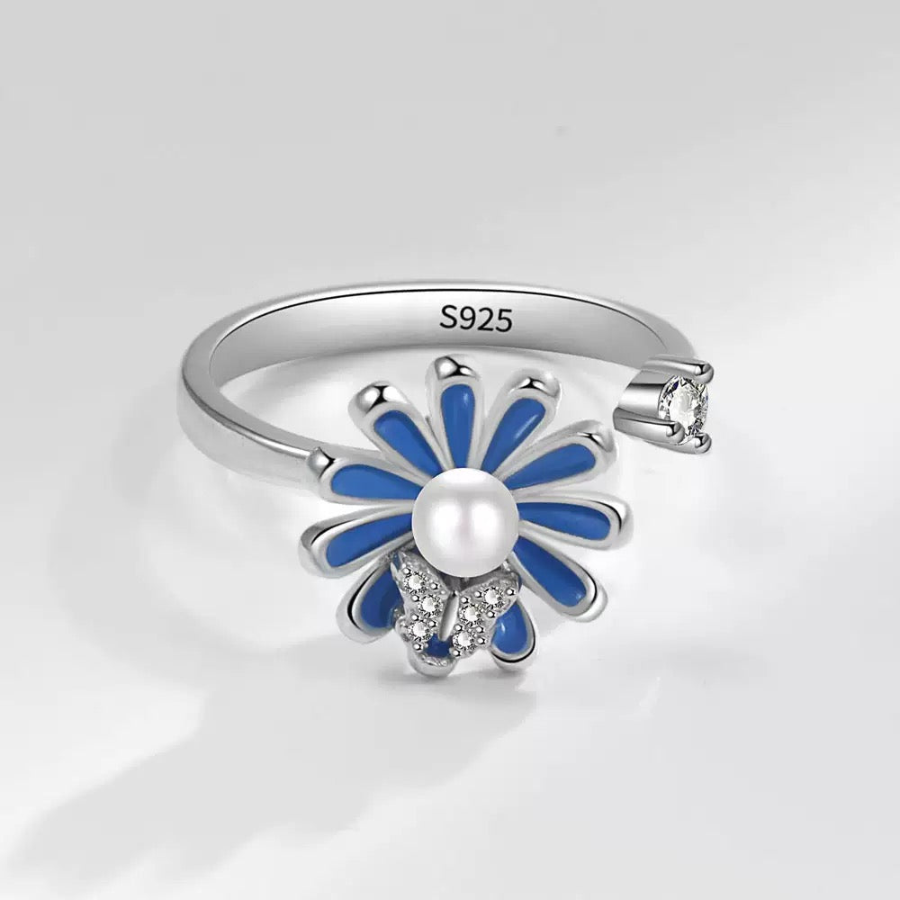 Blue Flower Fidget Ring Silver