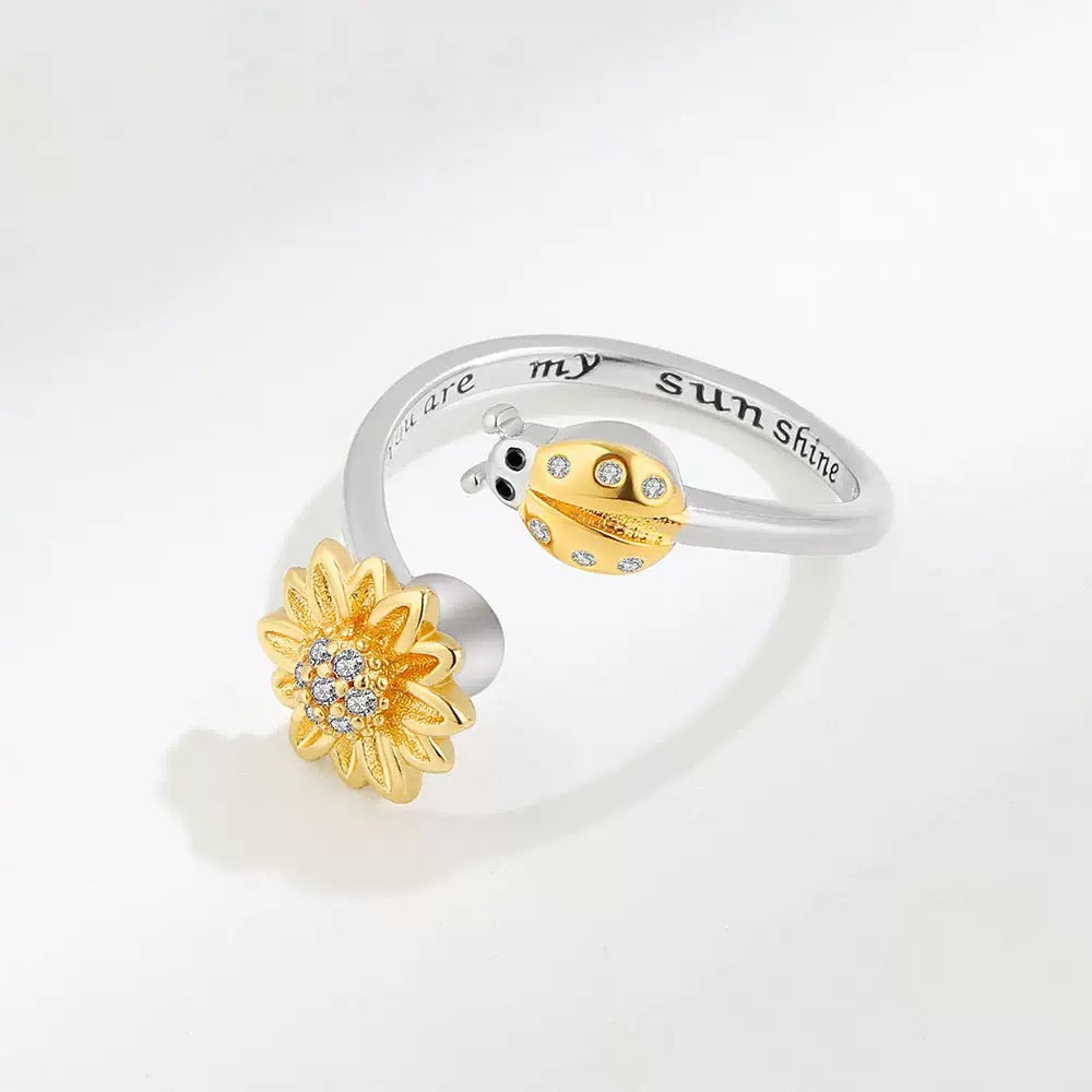 Silver lady bug Flower Fidget ring