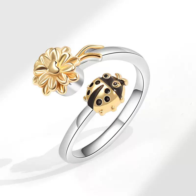 Silver lady bug Flower Fidget ring