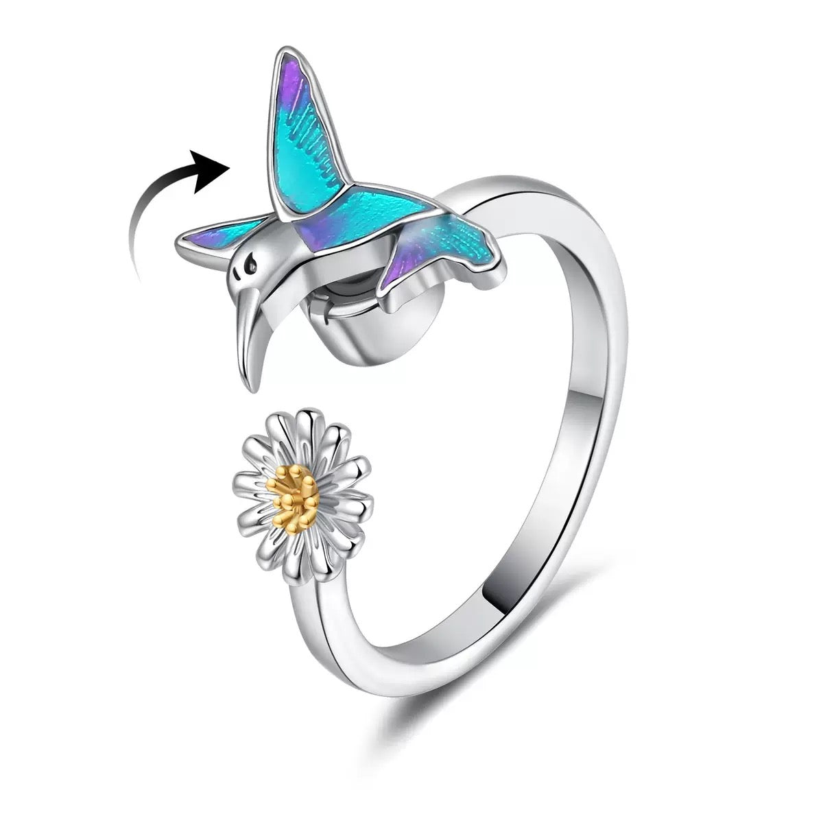 Hummingbird Fidget and Daisy Flower Ring