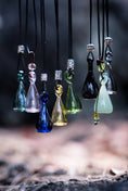 Load image into Gallery viewer, Bowling pin essential oil glass bottle pendant with black necklace
