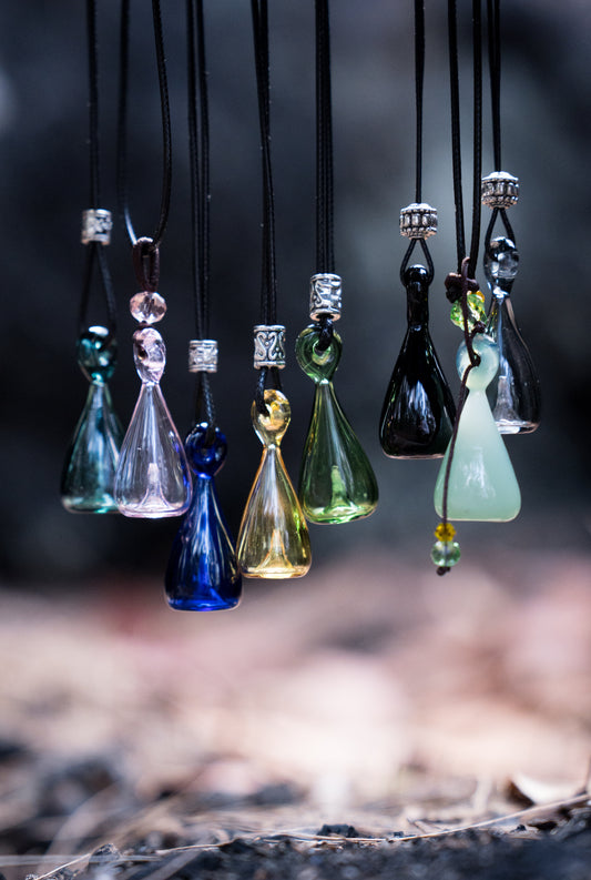 Bowling pin essential oil glass bottle pendant with black necklace