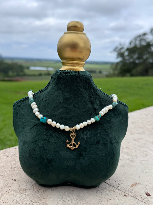 Turquoise & Pearl Anchor necklace
