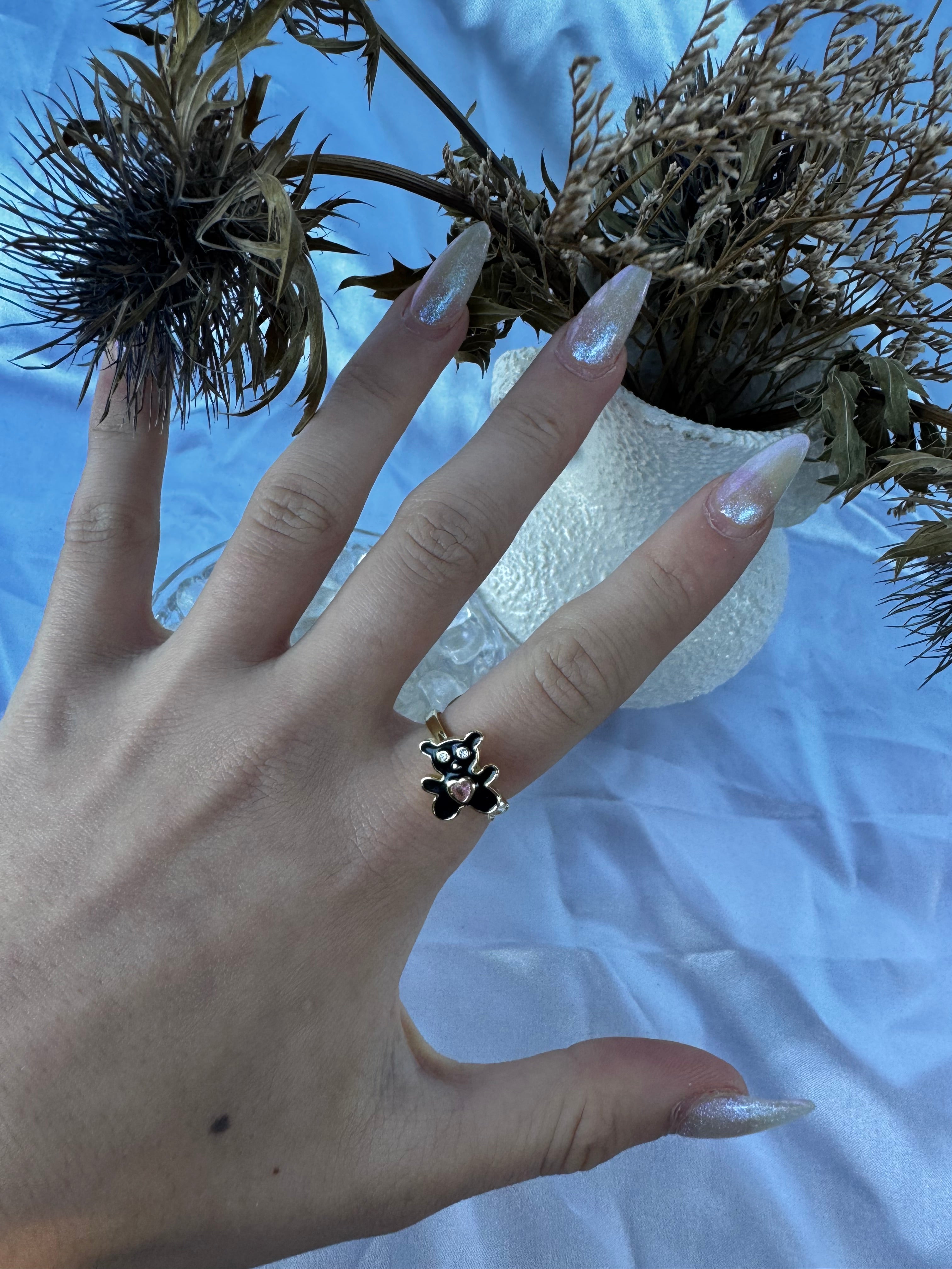 Black Bear pink heart Fidget Ring