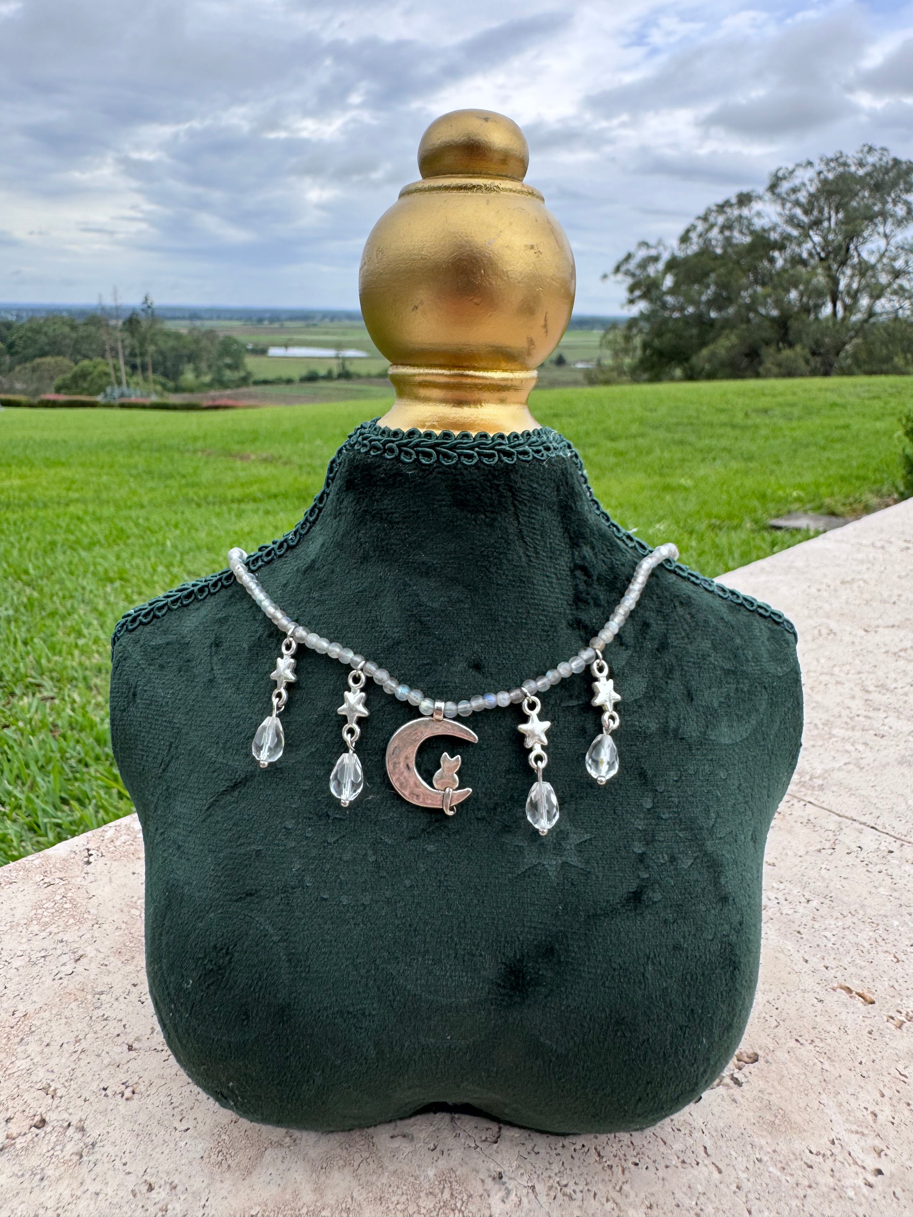 Labradorite & Clear Quartz Moon Cat Necklace