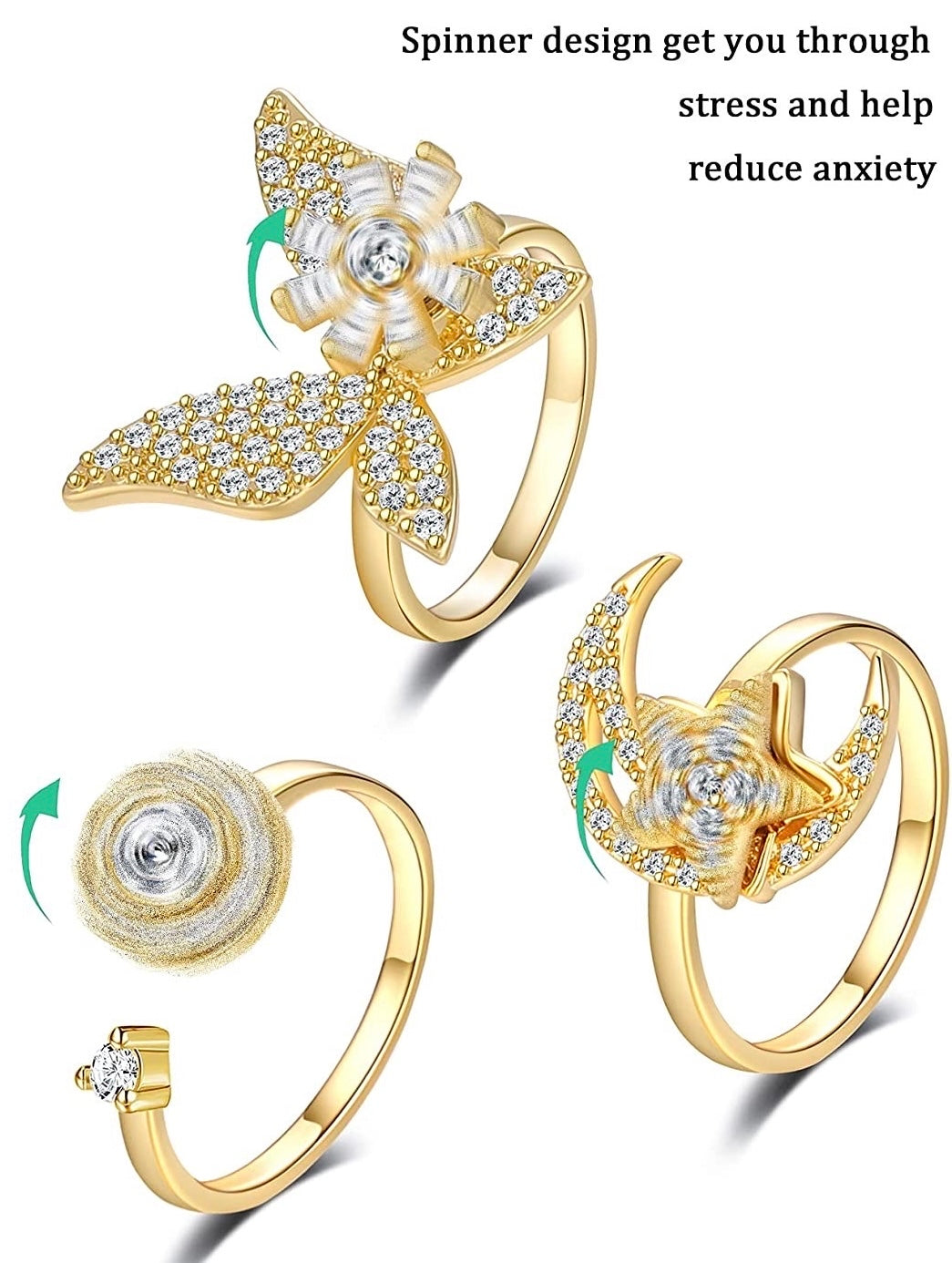 gold plated fidget ring with different designs