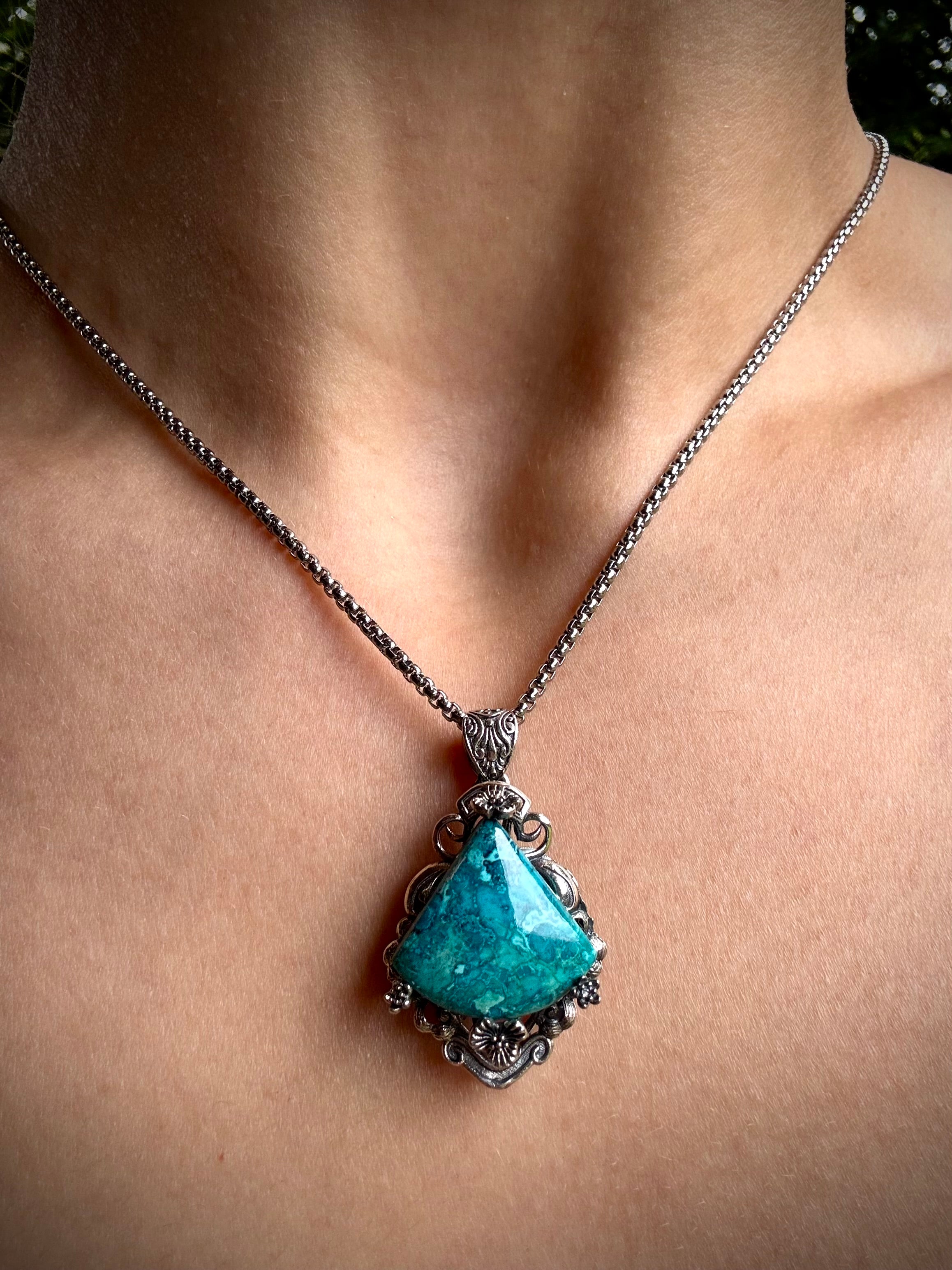 S925 Chrysocolla Floral Pendants