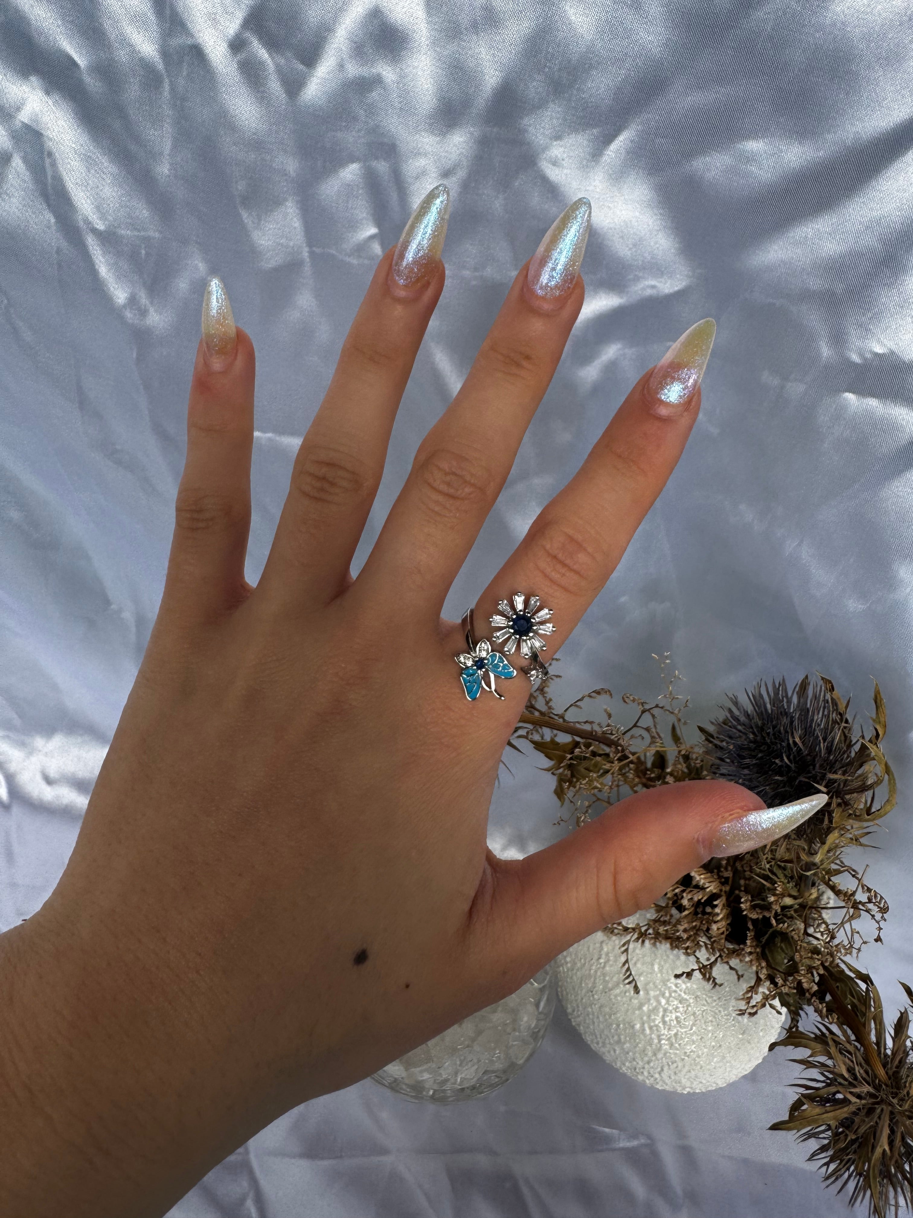 Blue Silver Butterfly Flower Fidget ring