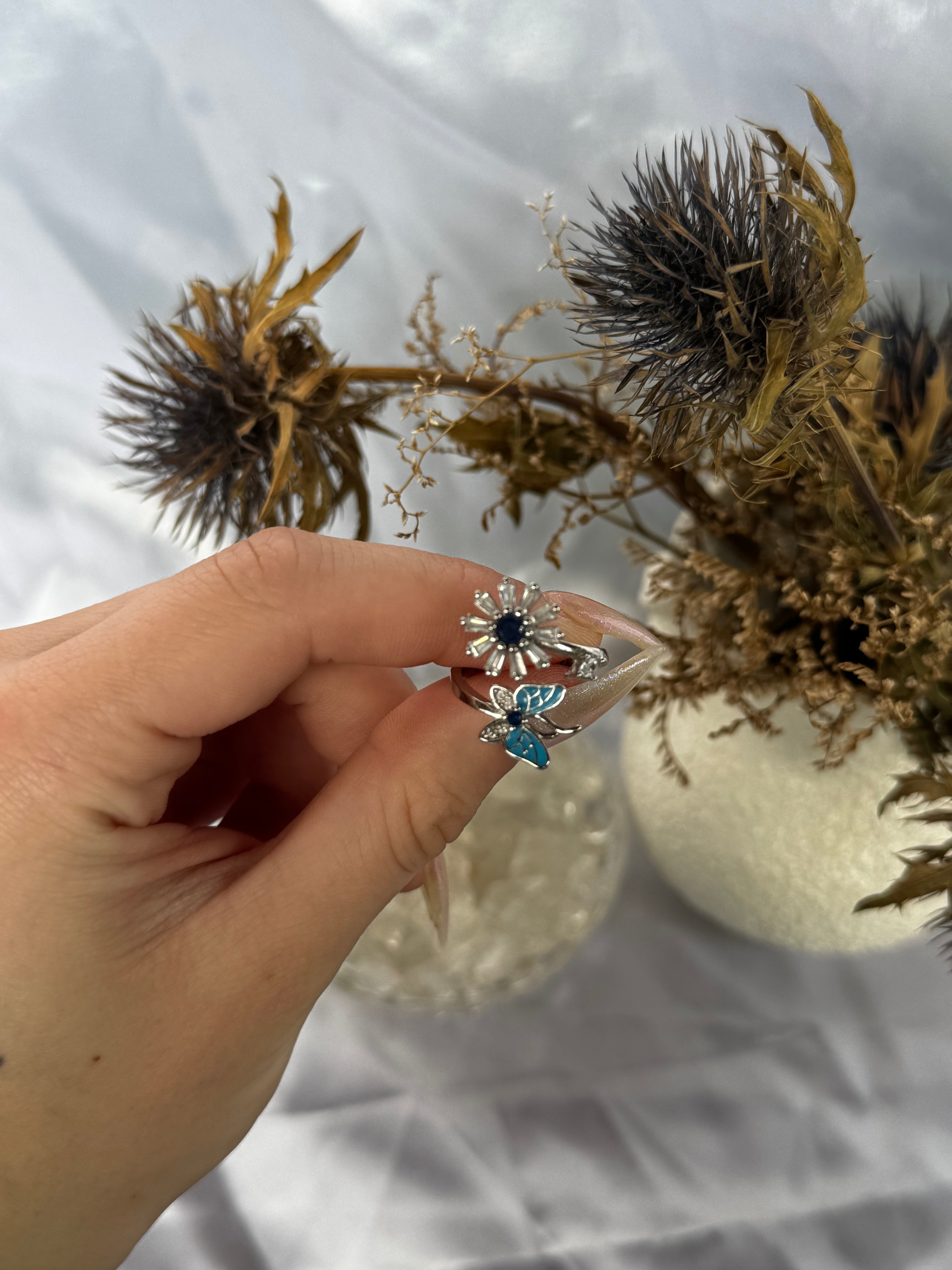 Blue Silver Butterfly Flower Fidget ring