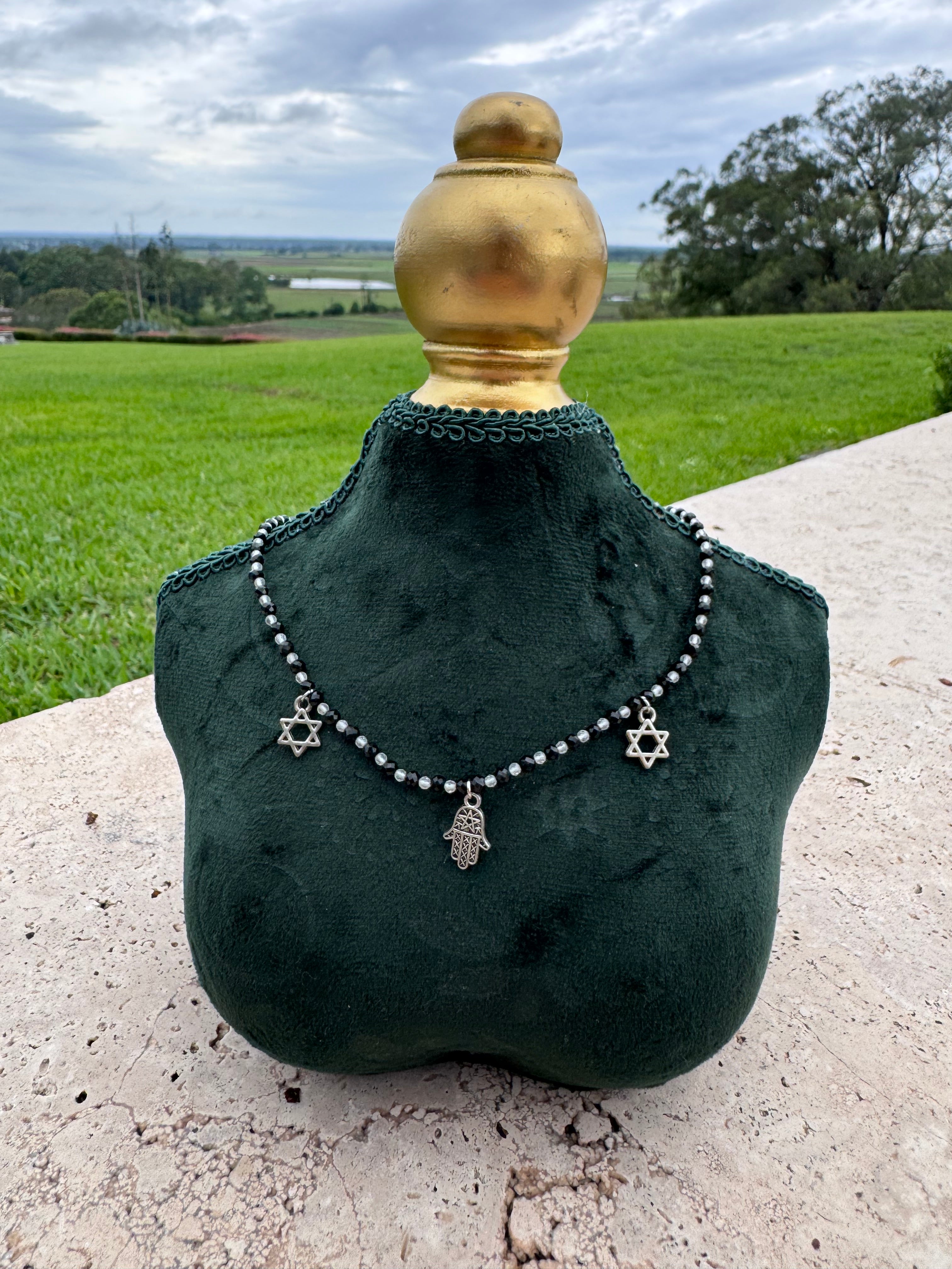 Black Agate and Clear quarts protection Necklace