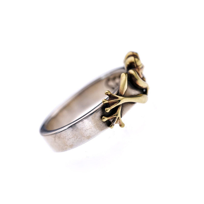 silver with oxidised gold plated froggy hug ring