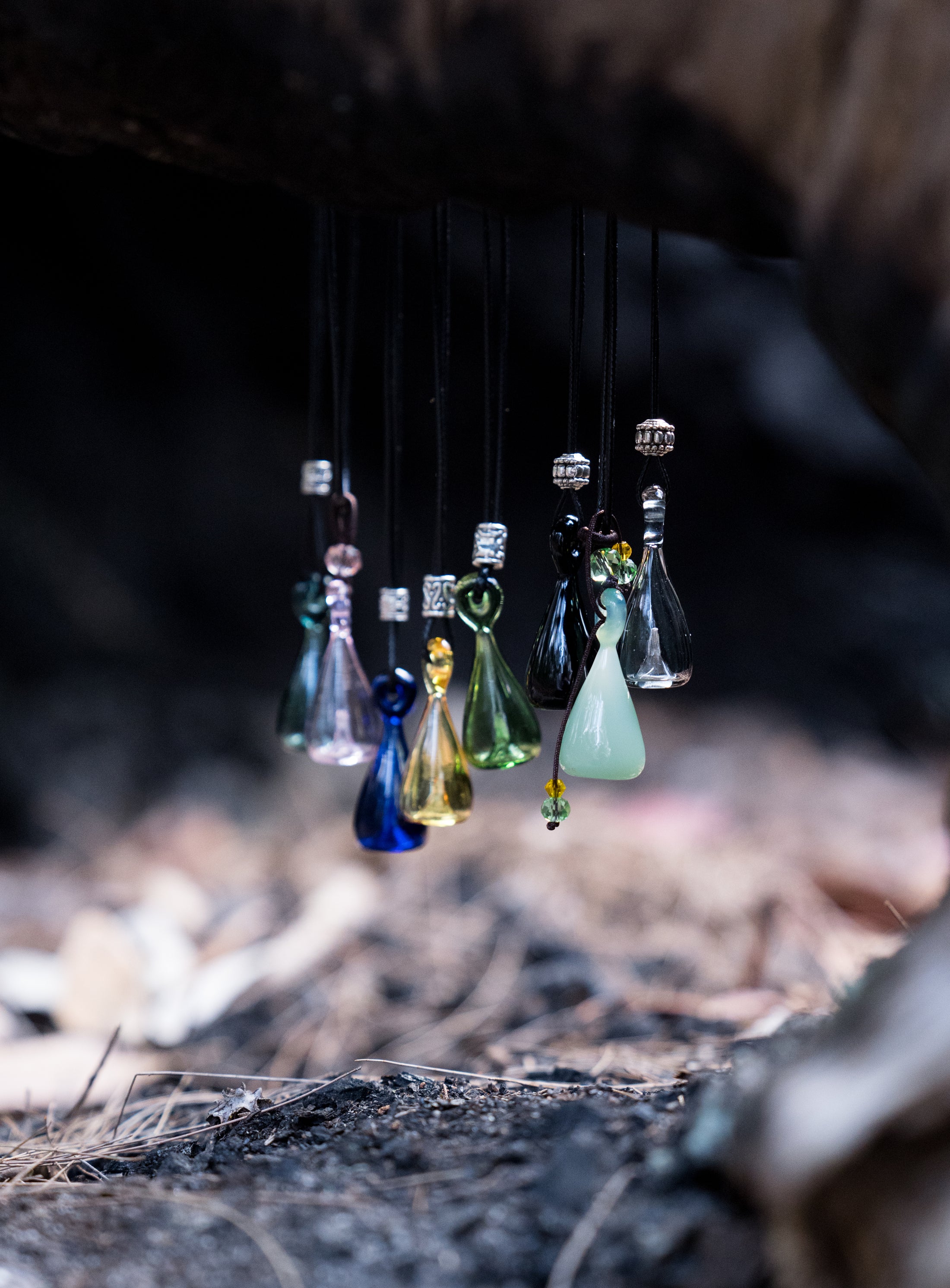 Bowling pin essential oil glass bottle pendant with black necklace