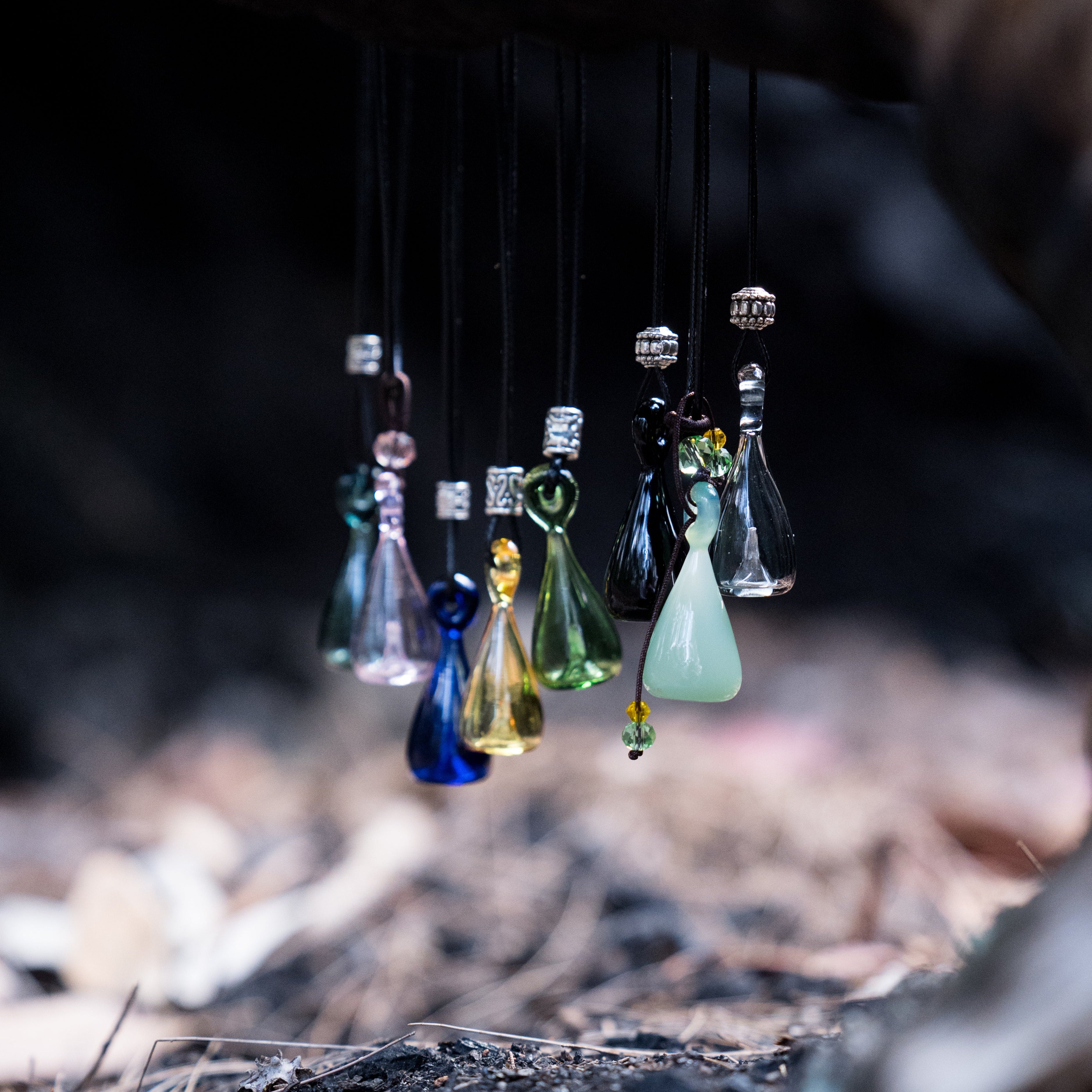 Bowling pin essential oil glass bottle pendant with black necklace