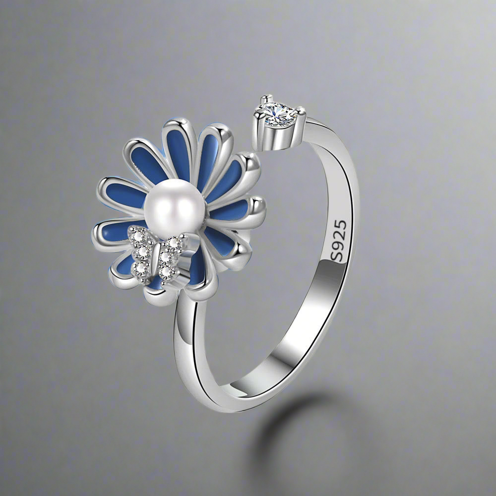 Silver Blue Daisy Butterfly Fidget Ring