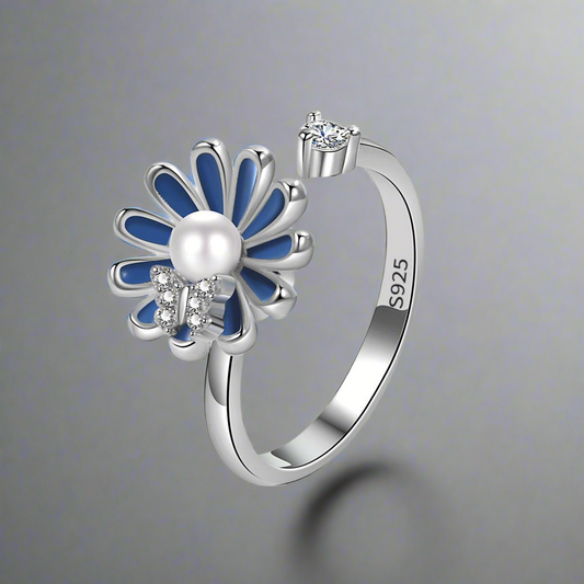 Silver Blue Daisy Butterfly Fidget Ring