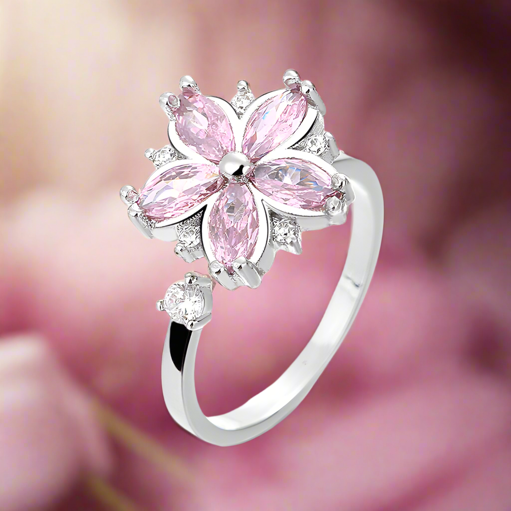 Silver Pink Flower Fidget Ring