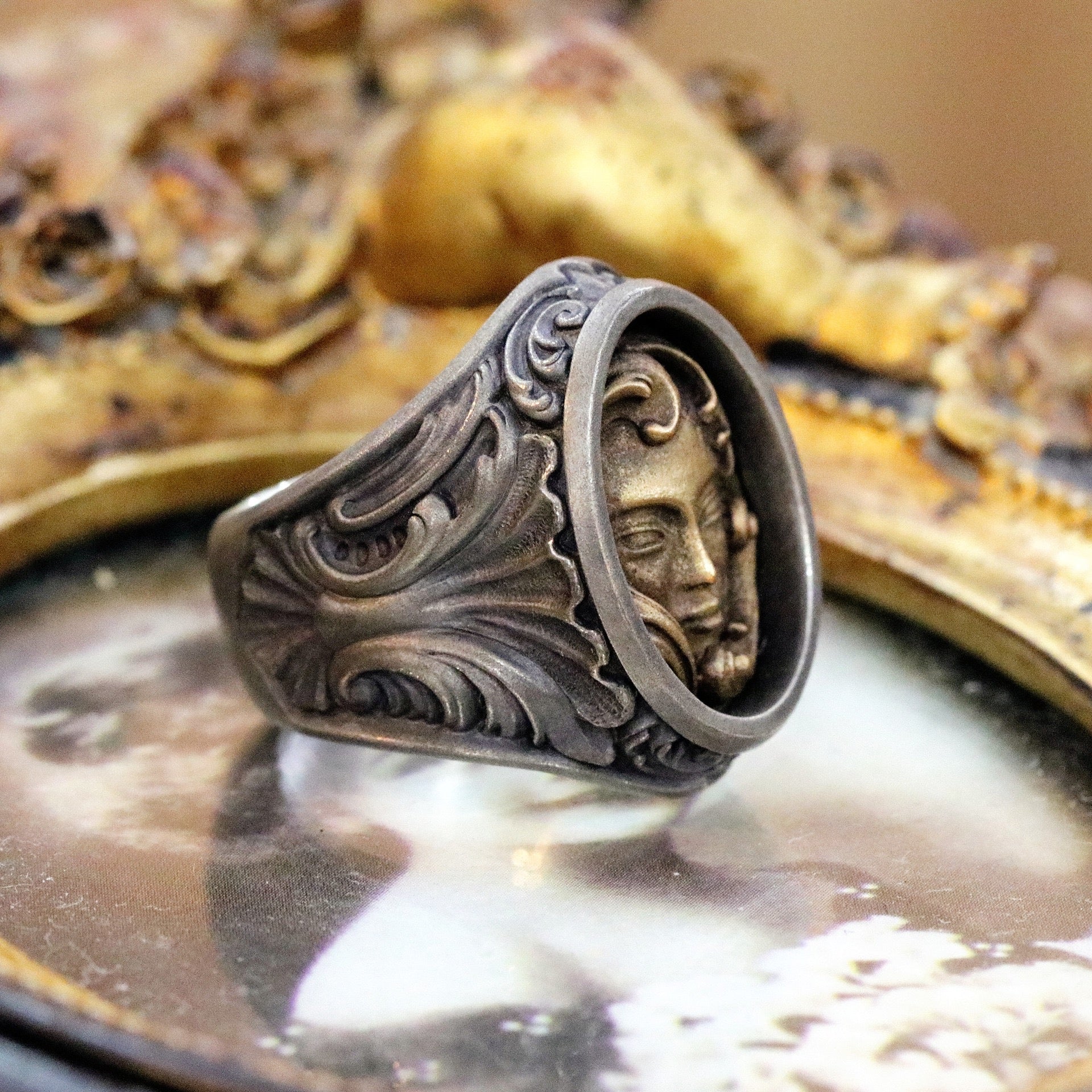 oxidised greek goddess ring