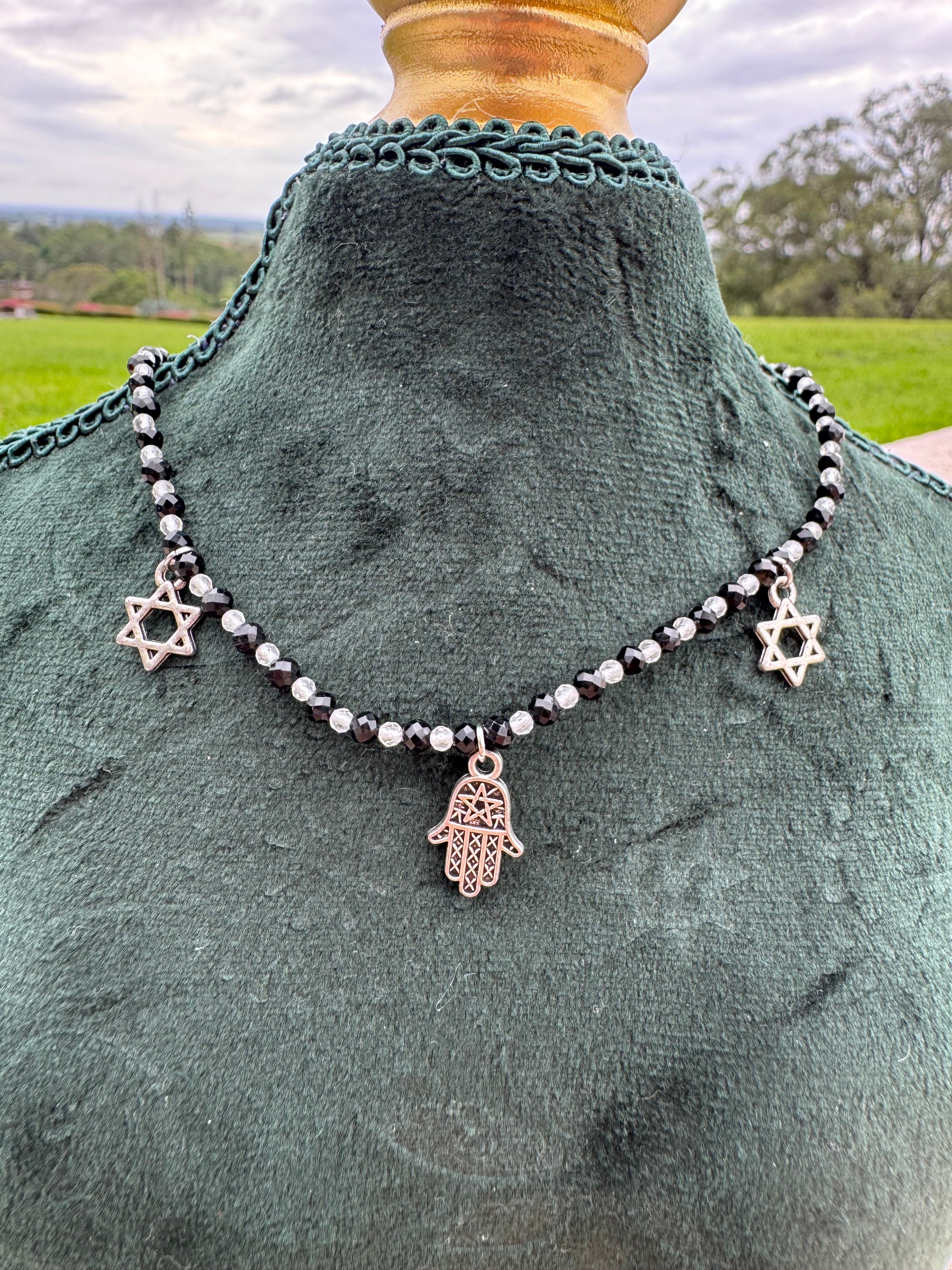 Black Agate and Clear quarts protection Necklace