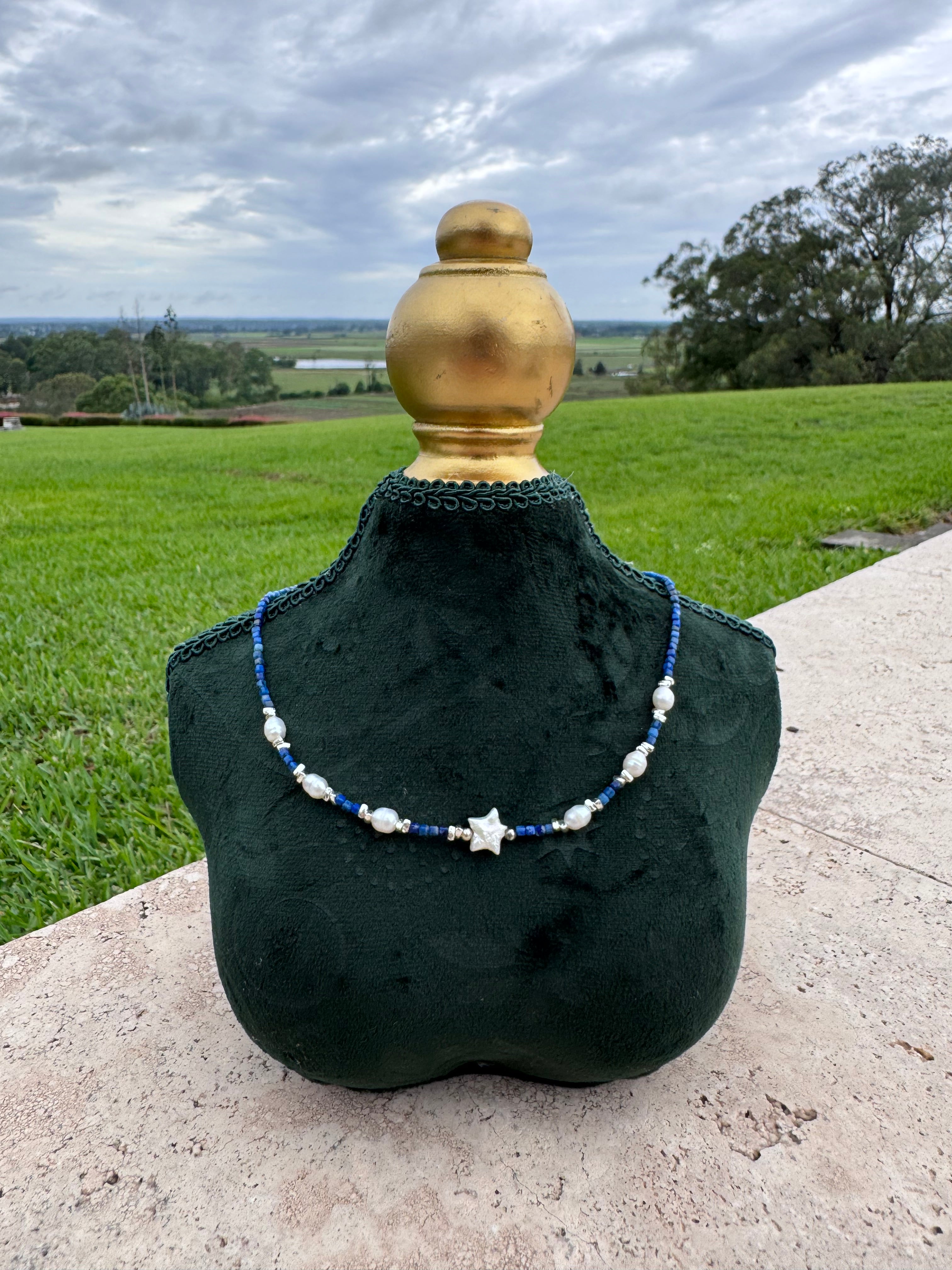 Lapis and pearl star choker