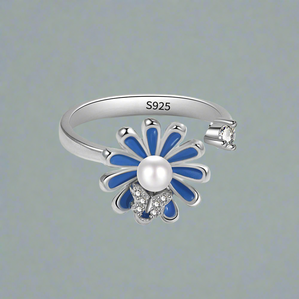 Silver Blue Daisy Butterfly Fidget Ring