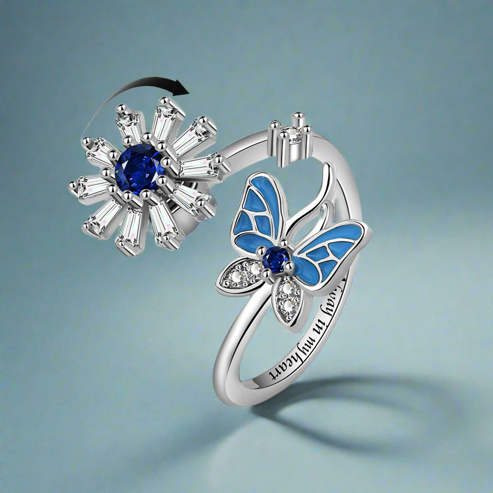 Blue Silver Butterfly Flower Fidget ring