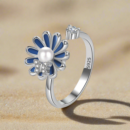 Silver Blue Daisy Butterfly Fidget Ring