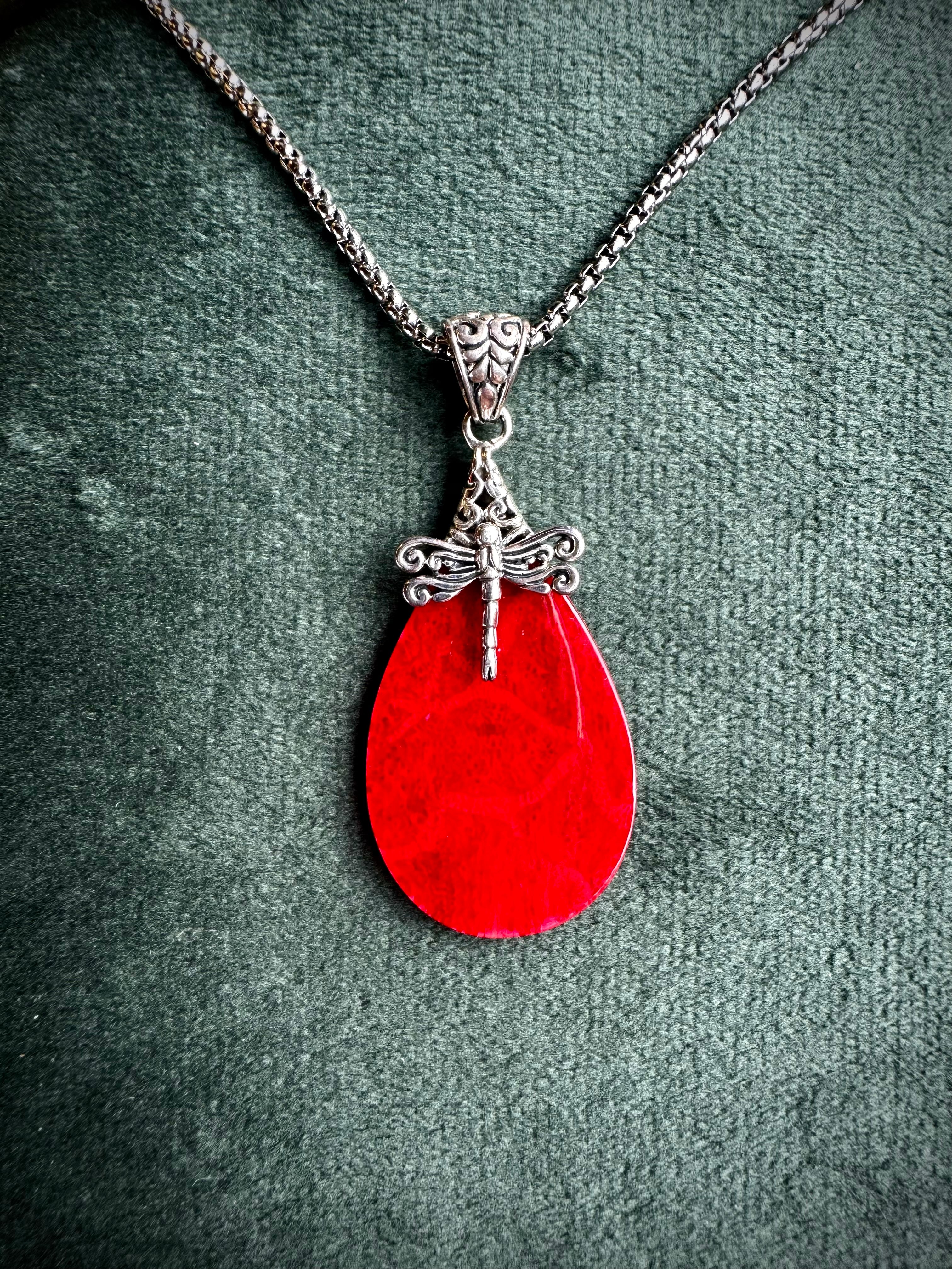 S925 Red Coral with Dragonfly Pendant