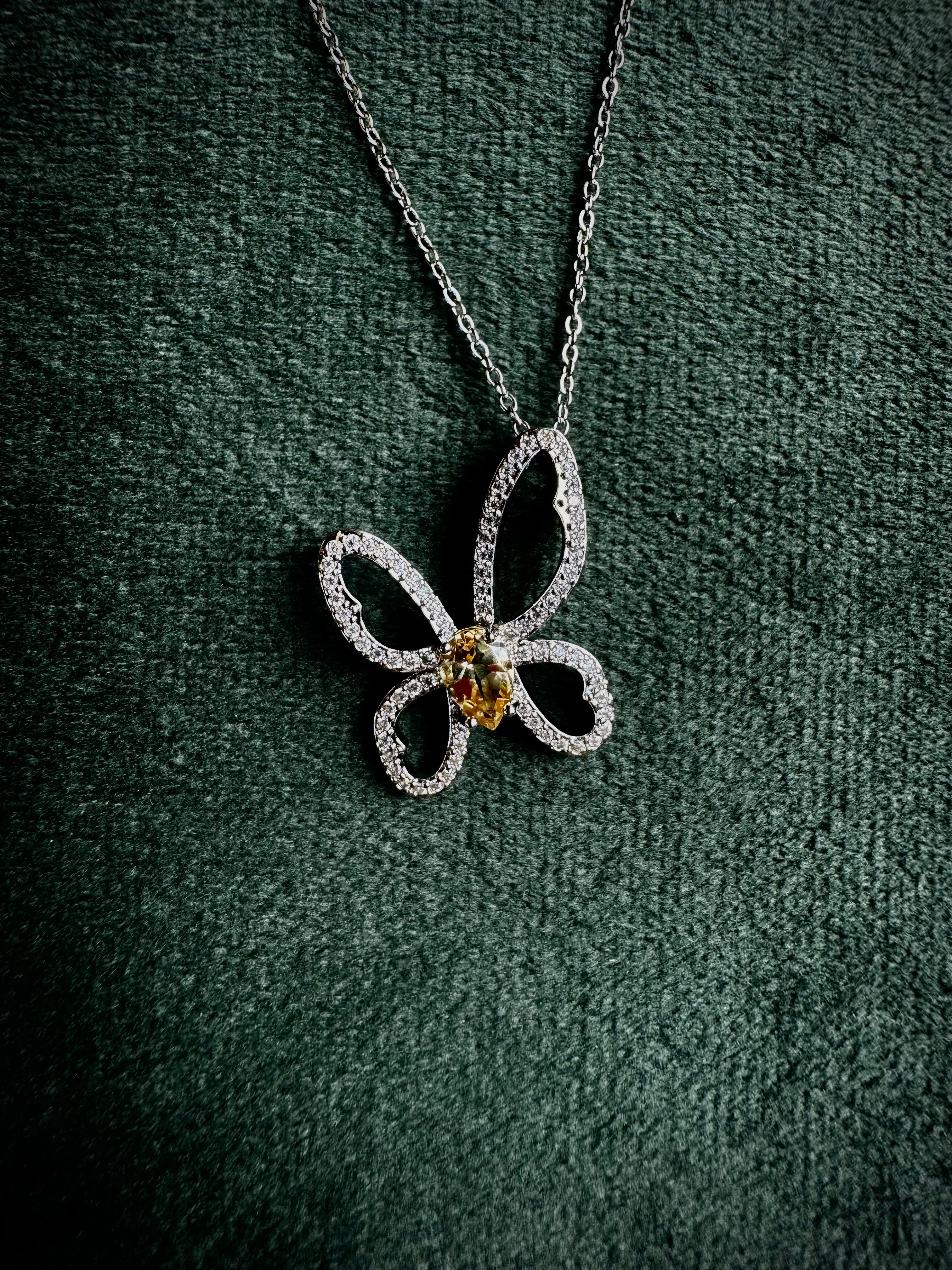 Silver Citrine Butterfly Necklace