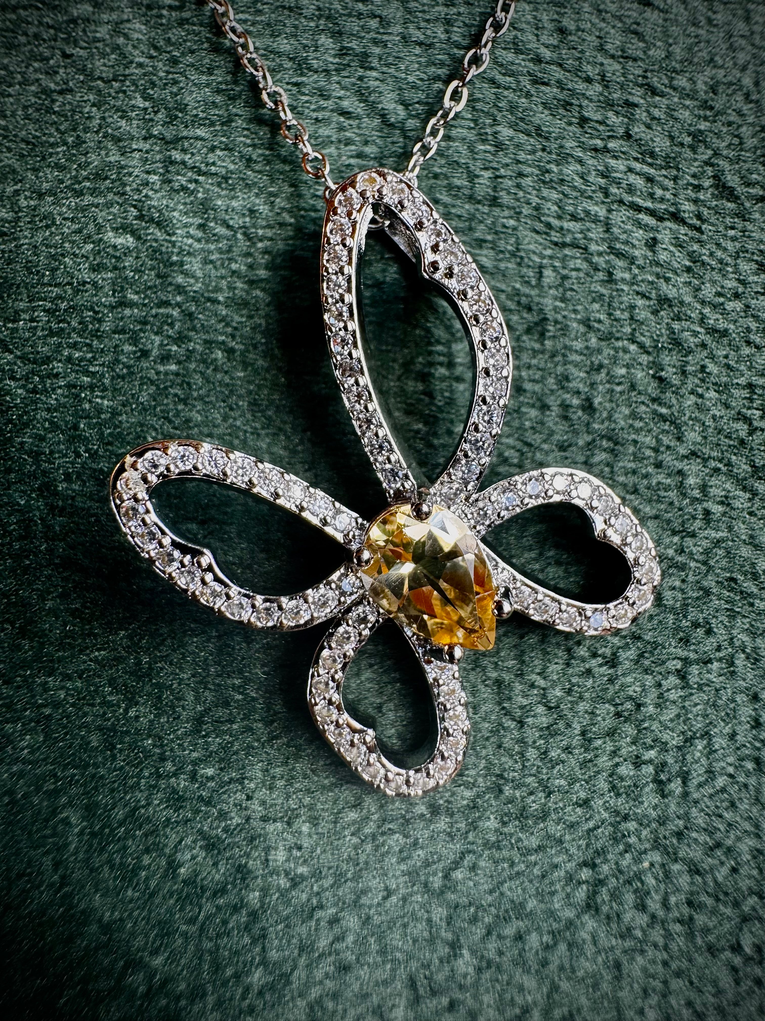 Silver Citrine Butterfly Necklace