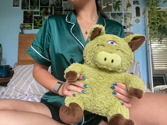 woman holding the green pig plushie